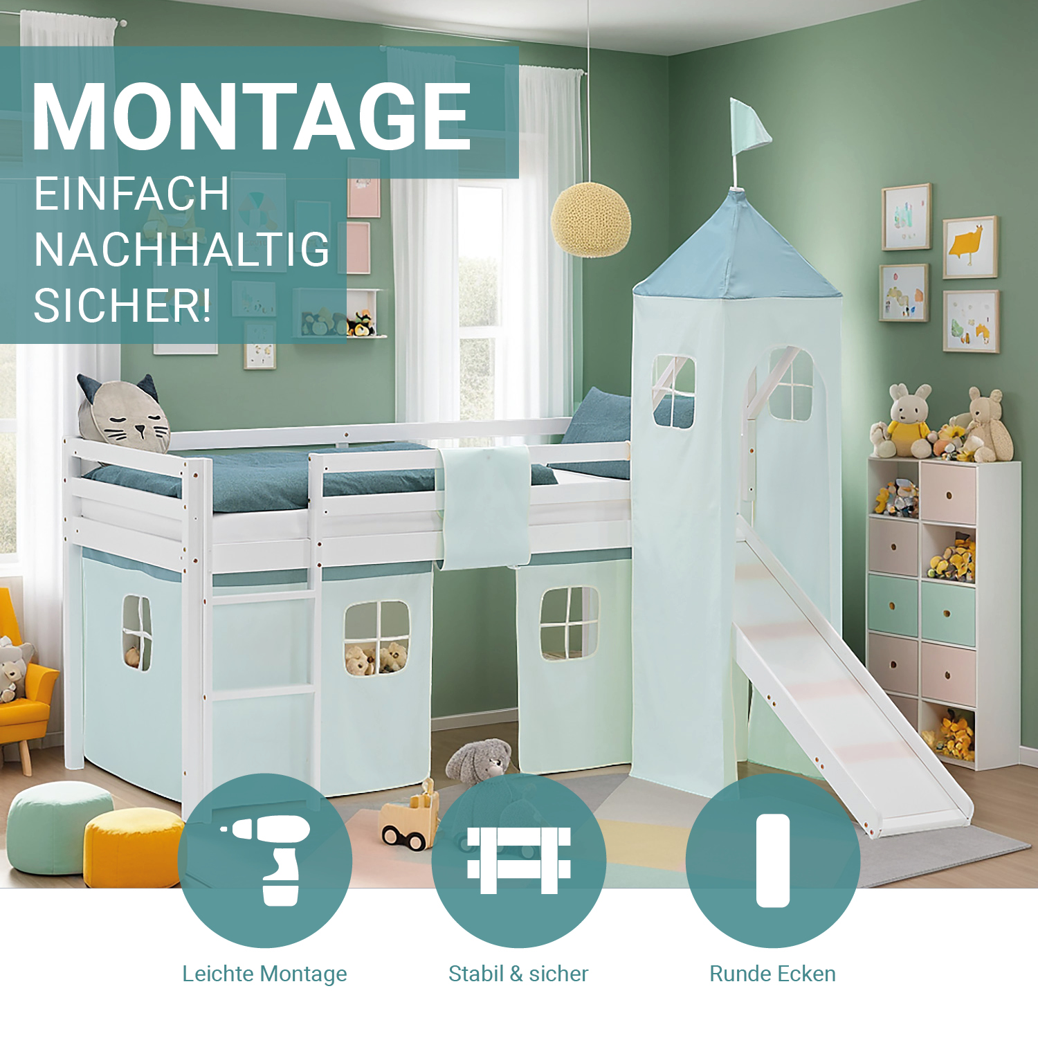 Loft Bed for Kids 90x200 cm White with Curtain in Mint Green | Slide | Tower | with Slatted Frame