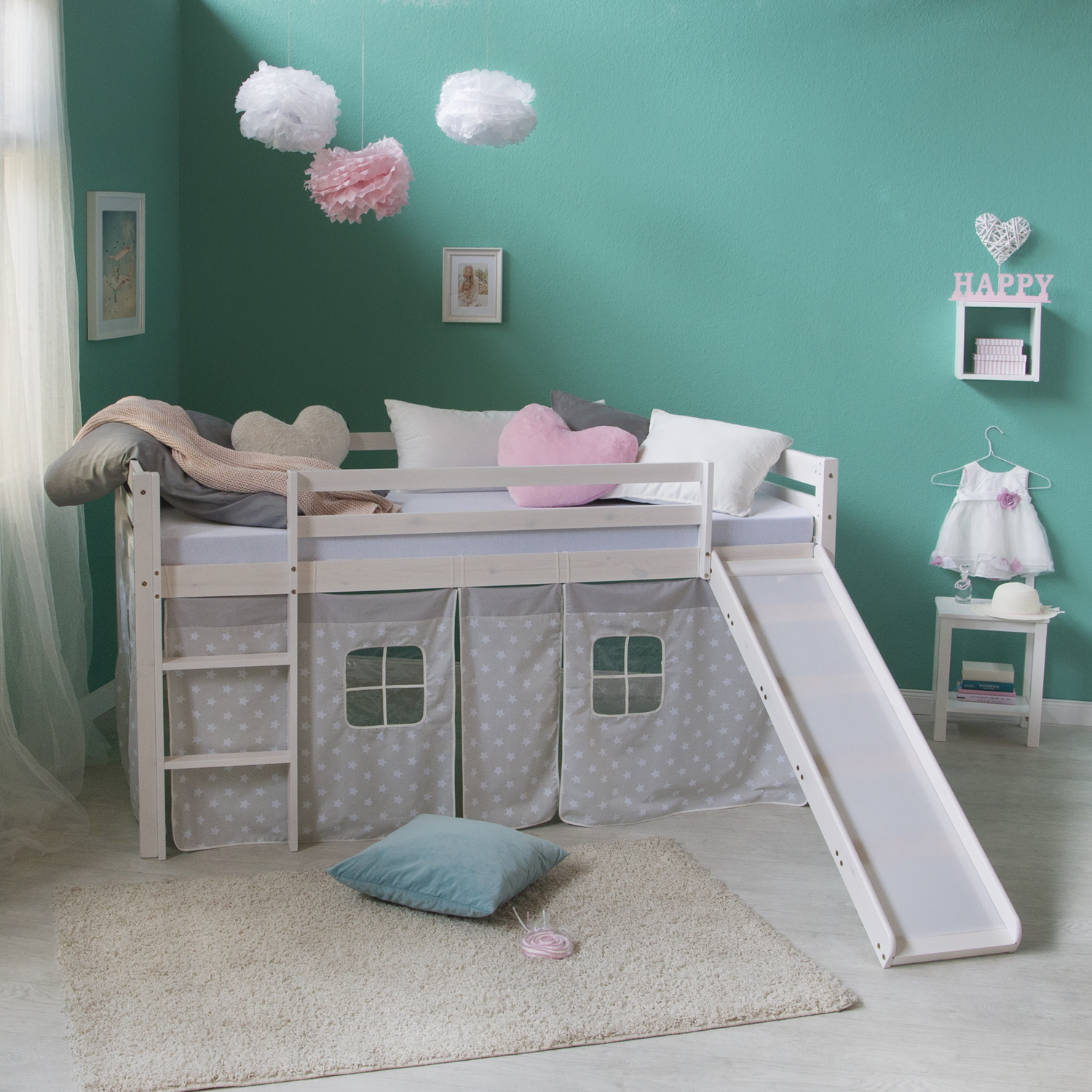 Loftbed 90x200 cm Bunk bed Childrens bed Solid Pine Wood Tower Tunnel Curtain Grey Stars Slide Mattress Slats
