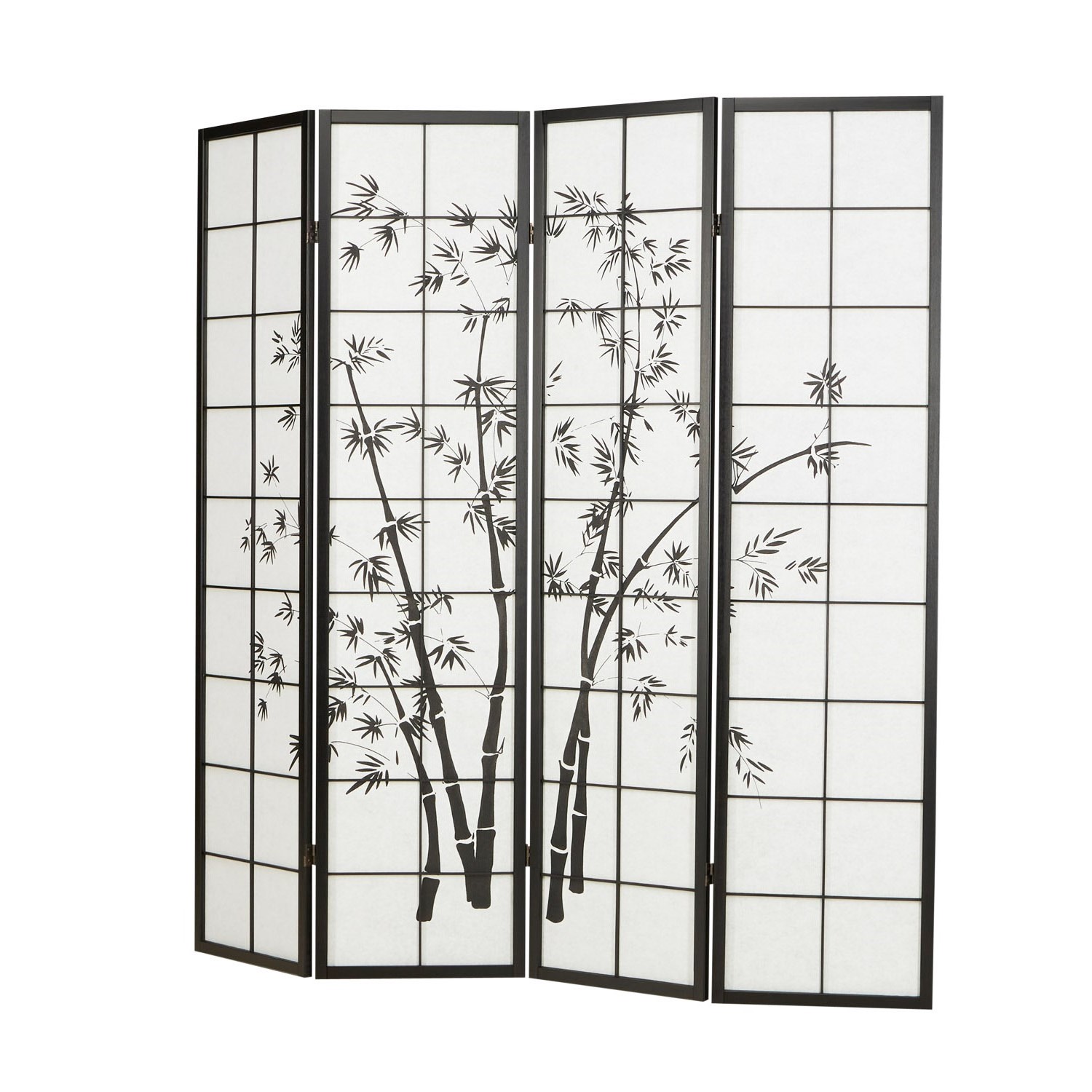 Paravent room divider 4 parts, wood black, rice paper white, bamboo pattern, height 179 cm	