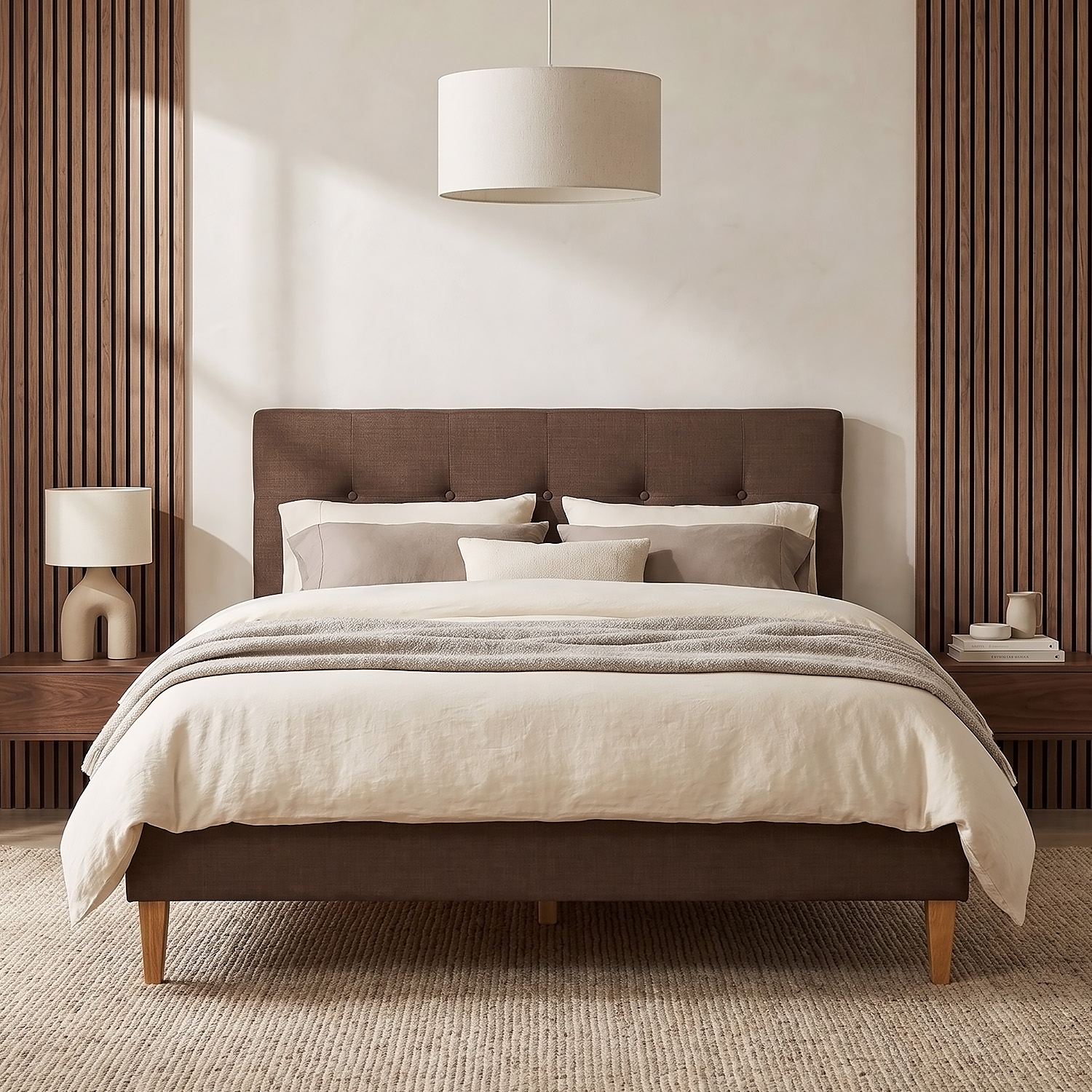 Upholstered bed 140x200 cm brown | futon bed | with slatted frame | double fabric bed frame