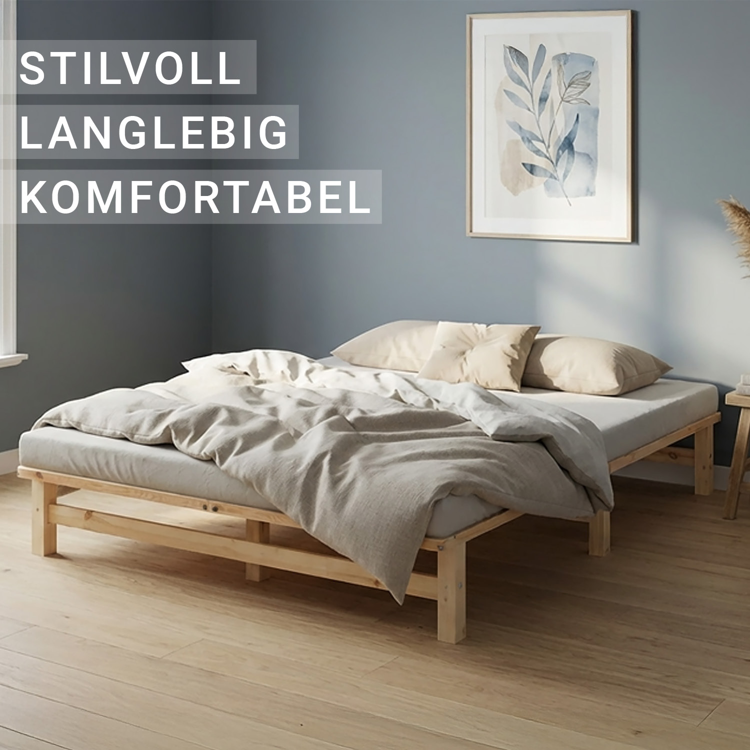 160x200 cm Natural Pallet Bed – Wooden Double Bed with Slatted Base for Teen Rooms, Guest Rooms, and Bedrooms