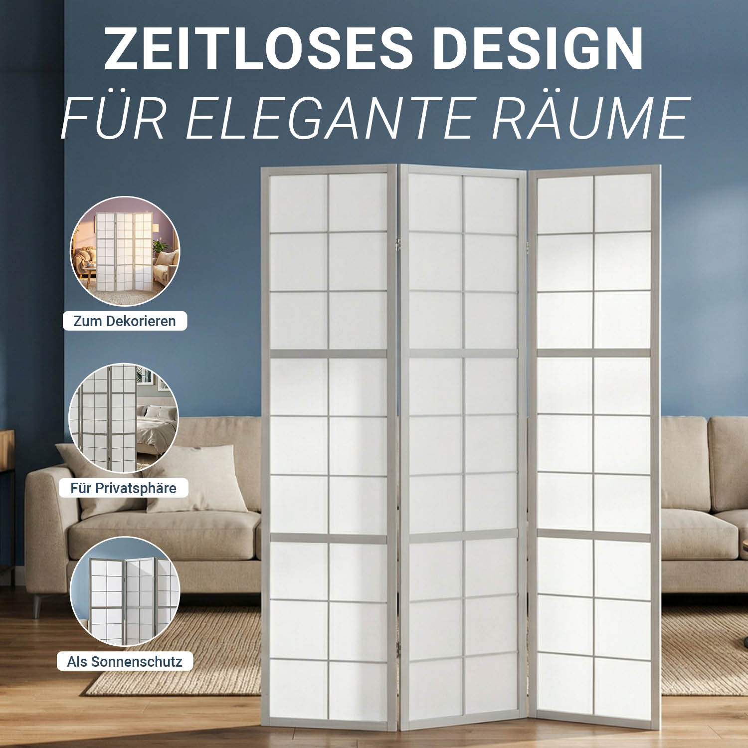 Paravent Grey Shoji | 3-panel | Wood | Room Divider | Partition Privacy Screen