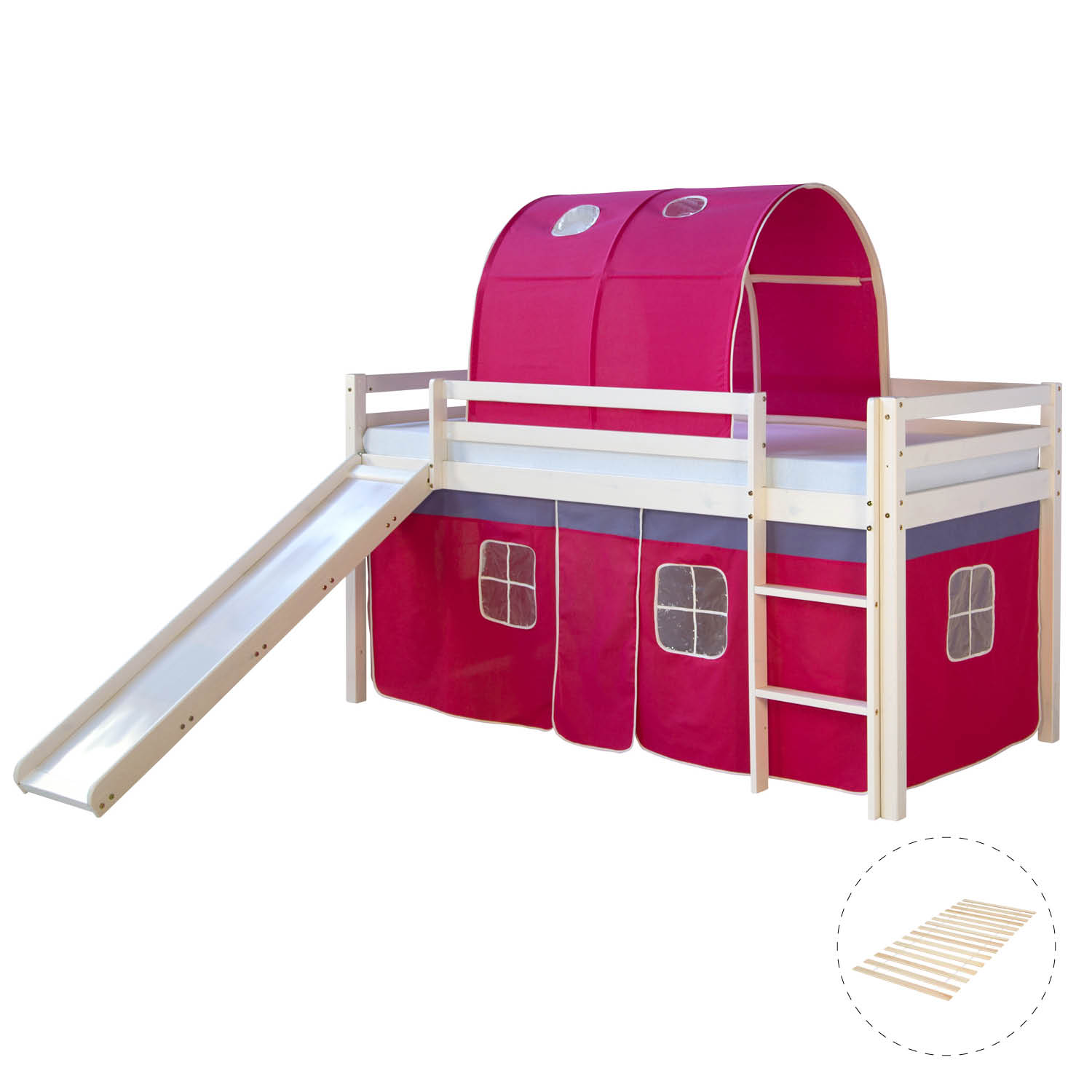 Loft Bed Kids 90x200 cm White with Curtain in Pink | Tunnel | Slide | with Slatted Frame