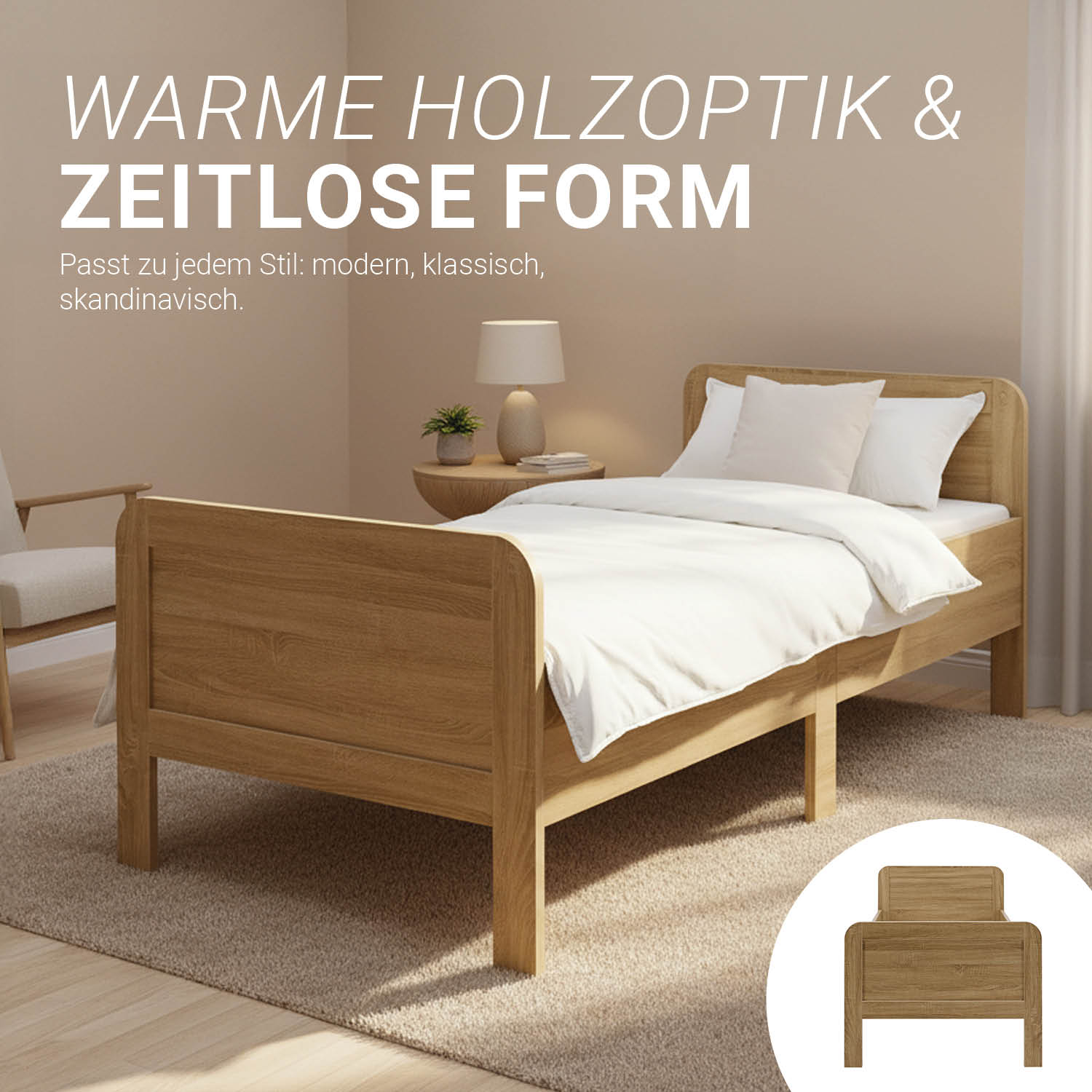 Comfort Bed 90x200 cm Natural | Senior Bed Height Adjustable | Single Bed | Wood | without Slatted Frame