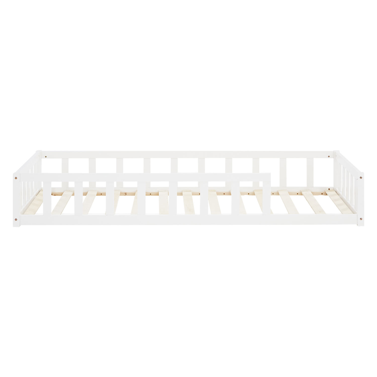 Children's Bed 90x200 White | Floor Bed with Mattress & Slatted Frame | with Fall Protection | Montessori