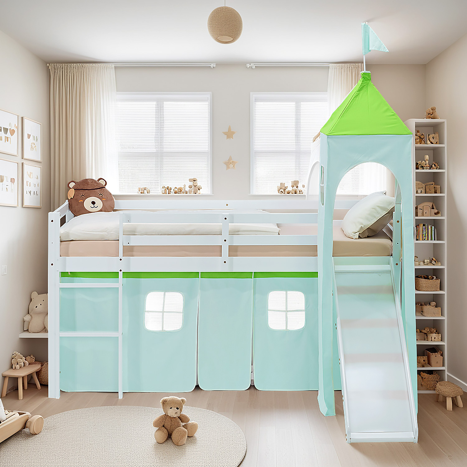 Loft Bed for Kids 90x200 cm White with Curtain in Green | Slide | Tower | without Slatted Frame