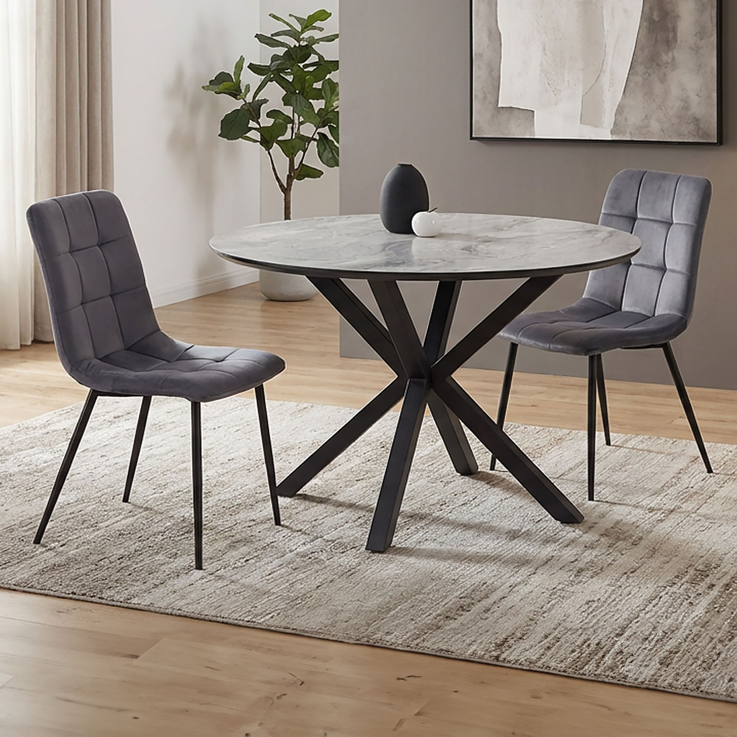 Dining set | 2-piece set upholstered chairs grey | dining table grey black metal frame round 110 cm