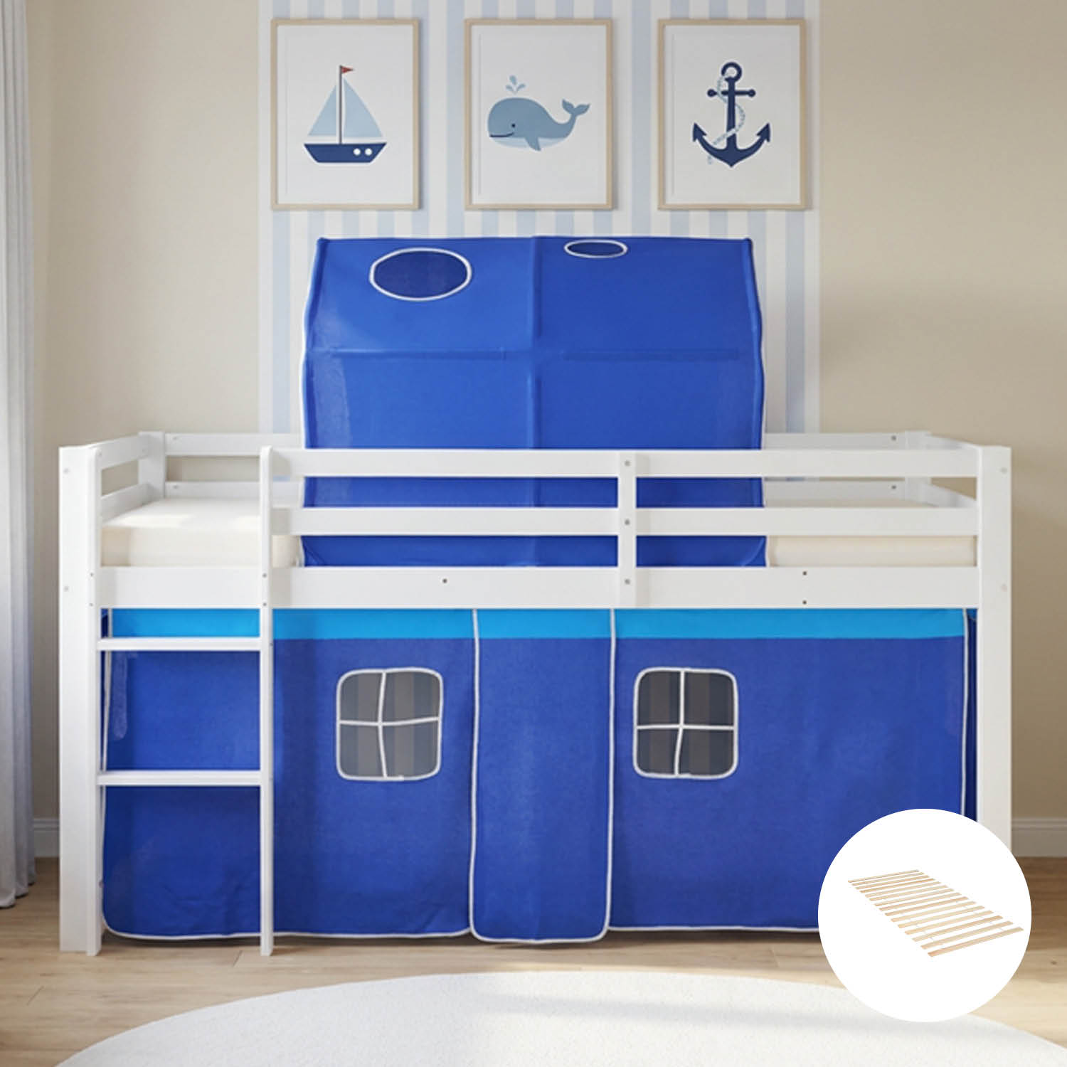 Children's Loft Bed 90x200 cm, White with Blue Curtain | Tunnel | Includes Slatted Base