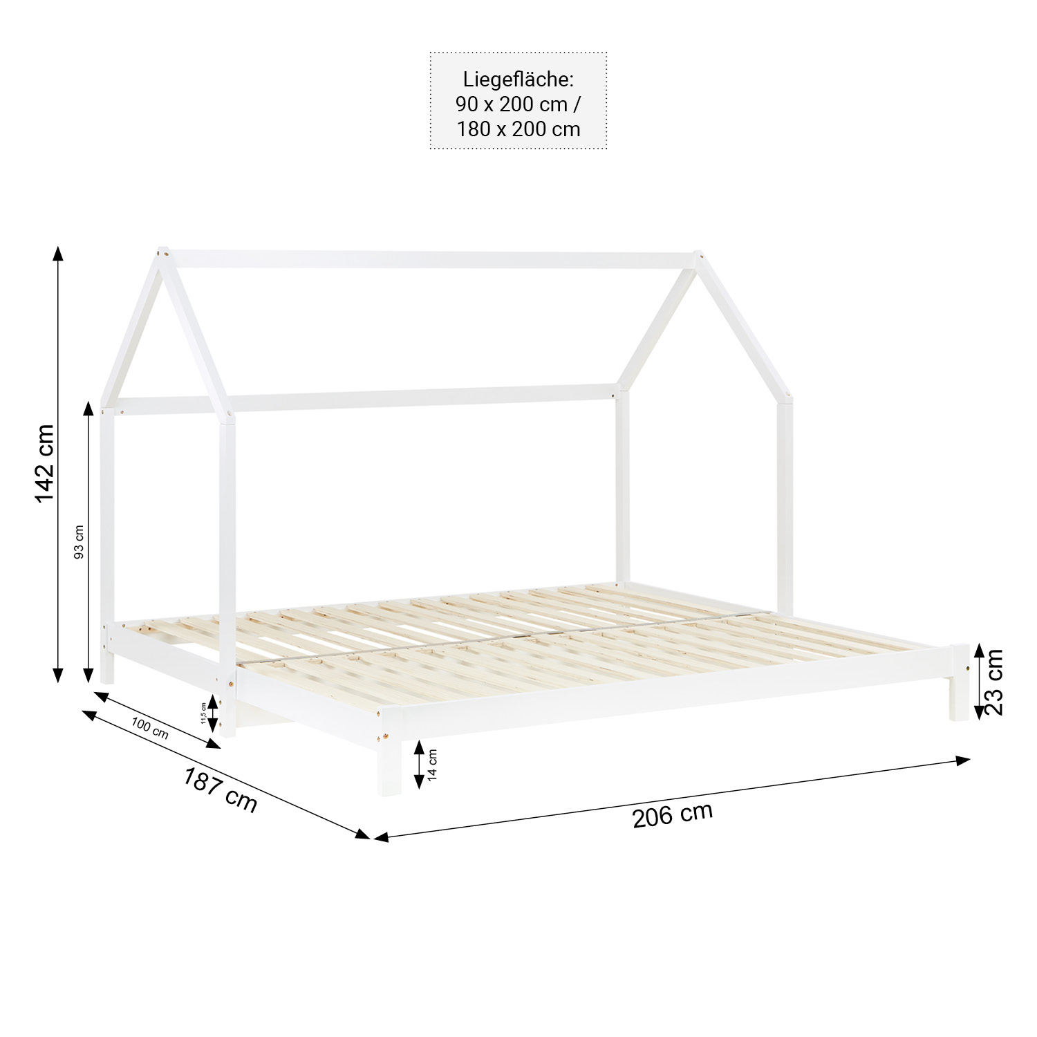 Children's Bed with Pull Out Bed 90x200 cm House Bed 2 Mattresses Bed Slats Treehouse Bed Children's Single Bed Wooden Frame White Trundle
