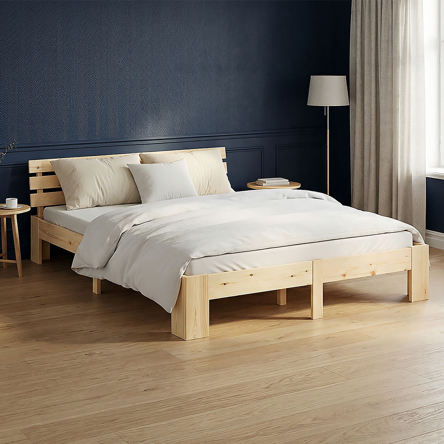 Wood Bed 160x200 cm Natural | Double Bed | with 2 Mattress | Solid | Kids Youth Guest Bedroom