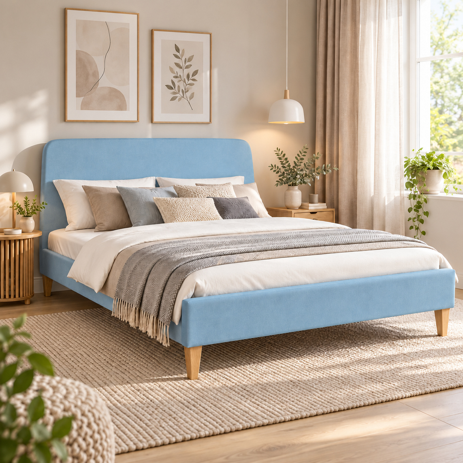 Upholstered bed 140x200 cm light blue | with slatted frame | double fabric bed frame