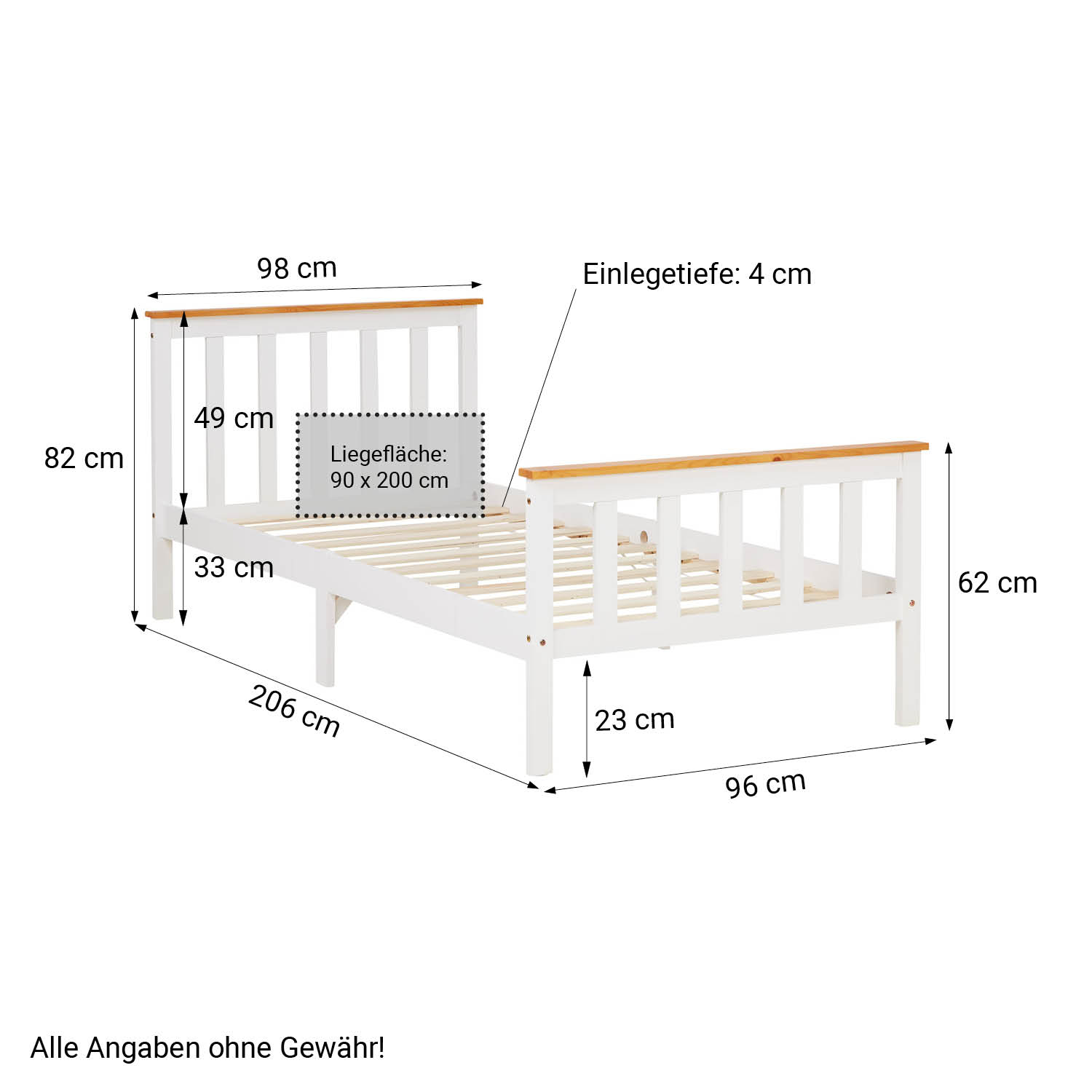 Wood Bed 90x200 cm White Natural | Single Bed | with Slatted Frame | Scandinavian Style | Kids Youth Guest Bedroom