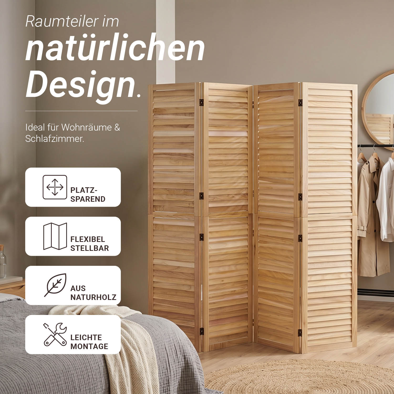 4-Panel "Natur" Folding Screen – Wooden Room Divider & Privacy Screen with Slats