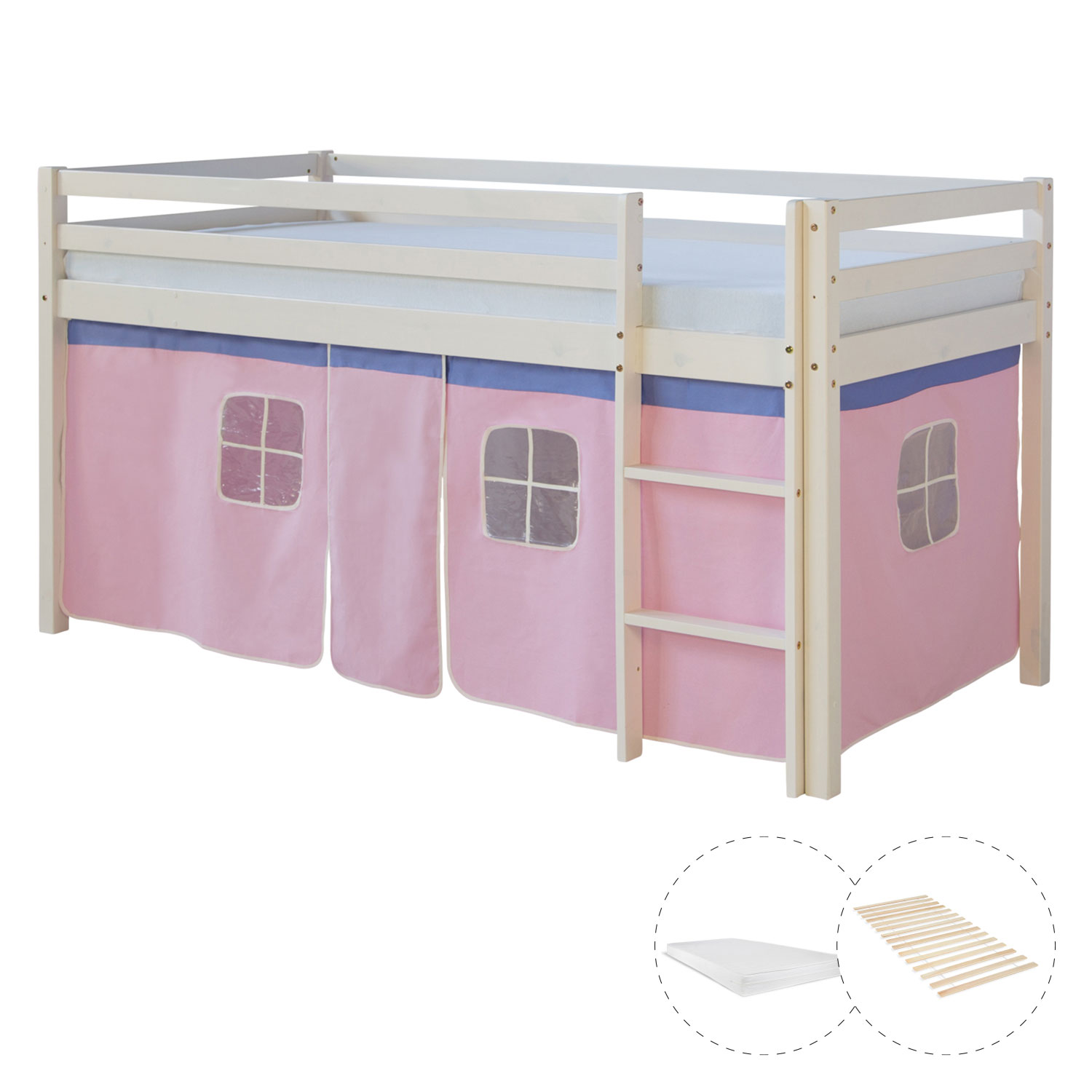 Loftbed 90x200 cm with Mattress Bunk bed Childrens bed Solid Pine Wood Slats Curtain Pink