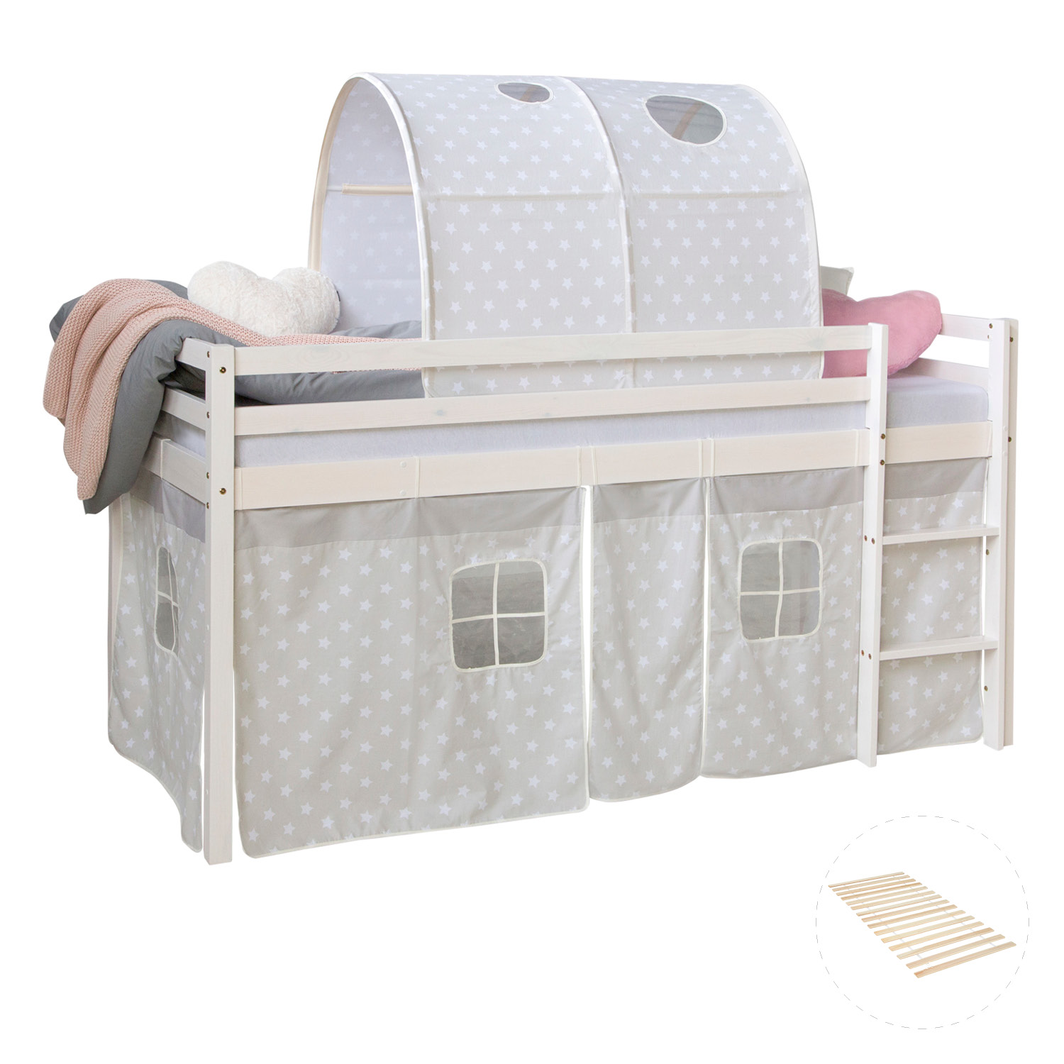 Loft Bed Kids 90x200 cm White with Curtain Stars | Tower | with Slatted Frame