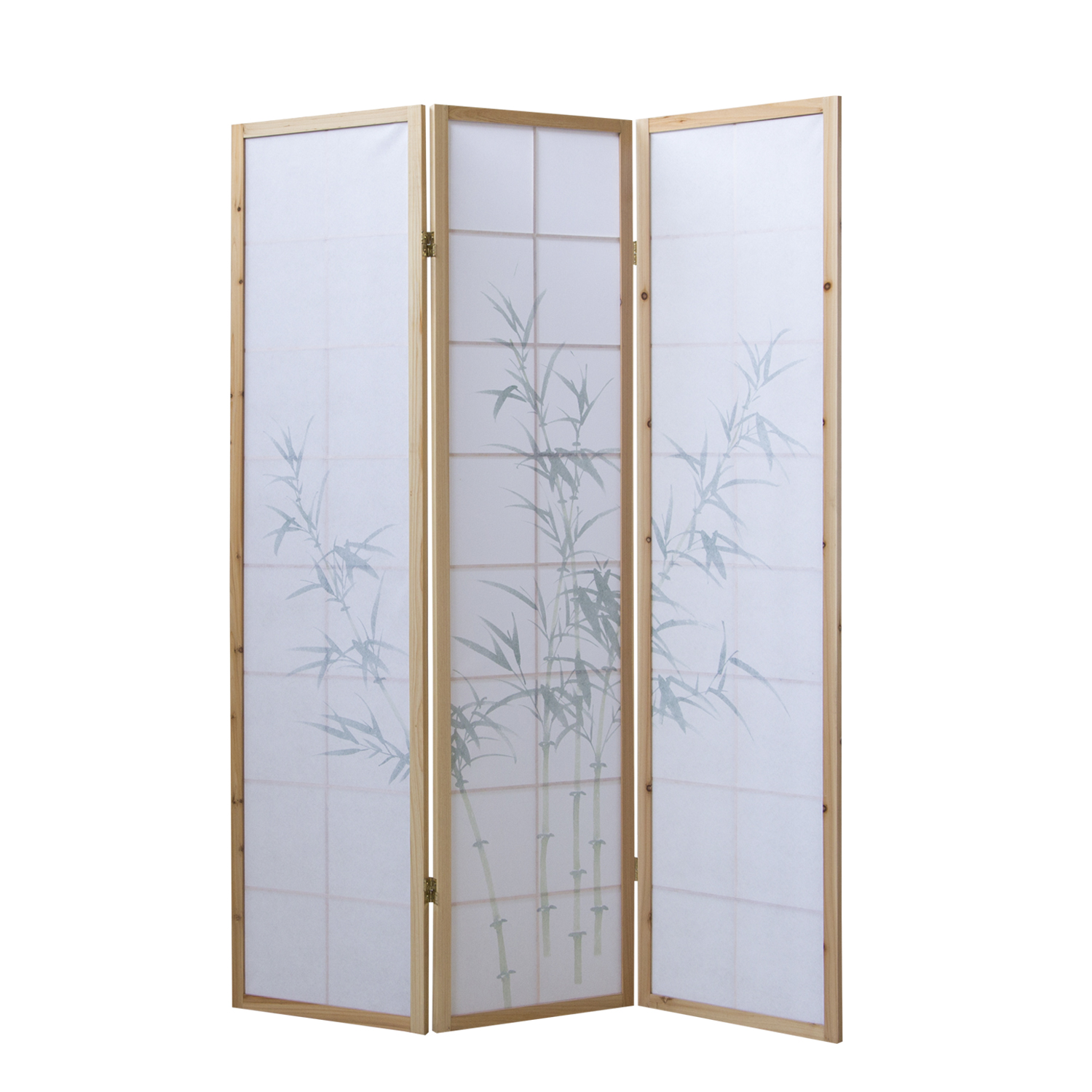 Paravent Séparation de pièce 3 éléments, bois naturel, papier de riz blanc, motif bambou, hauteur 175 cm	