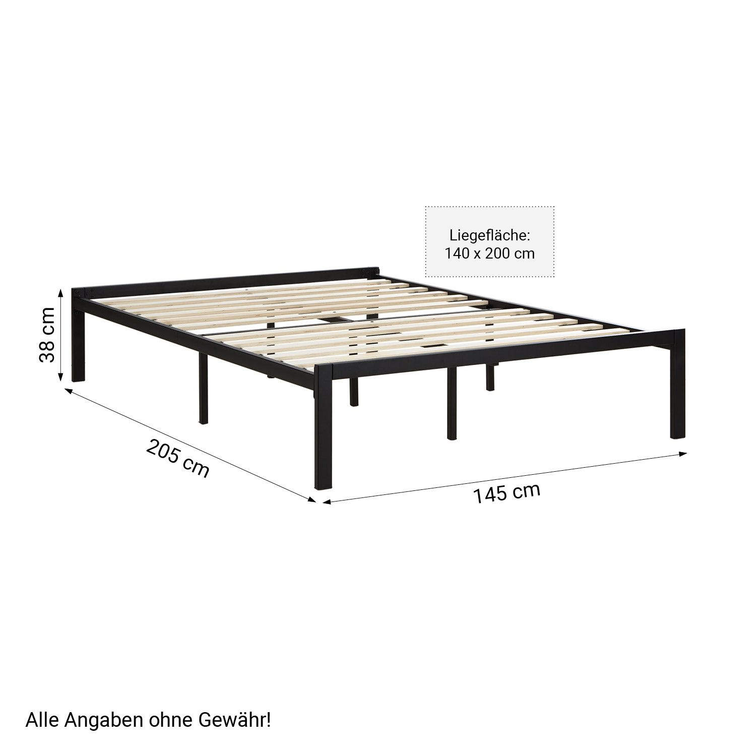 Solid Metal Bed with Mattress 140x200 cm Slatts Double Bed Black Futon Bed Platform Bed Frame Guest Bed