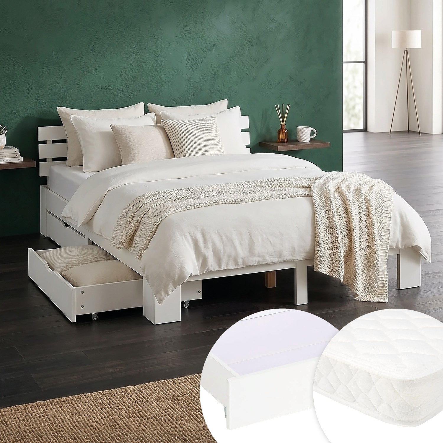 Wood Bed 140x200 cm White | Double Bed | with Spring Mattress | 2 Drawers | Youth Guest Bedroom