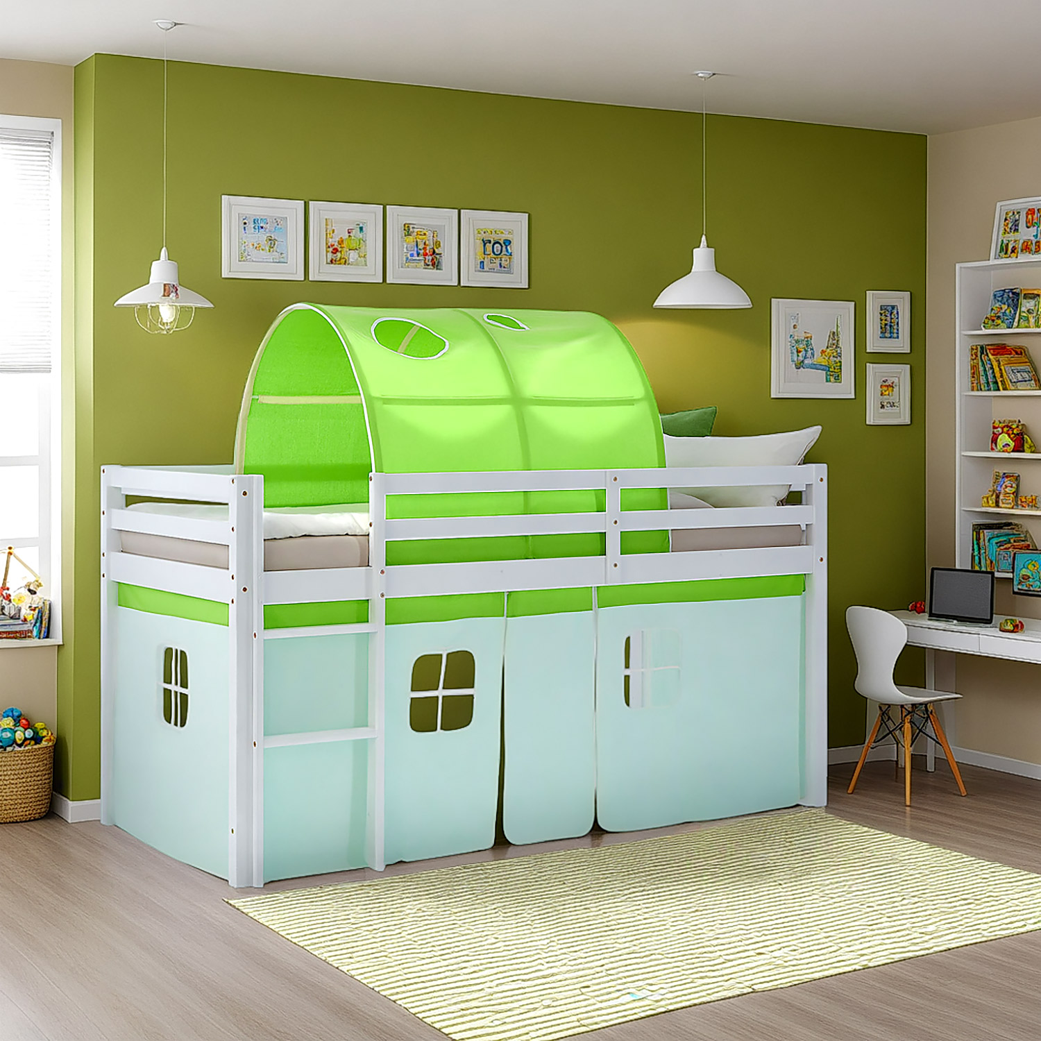 Children's Loft Bed 90x200 cm, White with Green Curtain | Tunnel | Includes Slatted Base