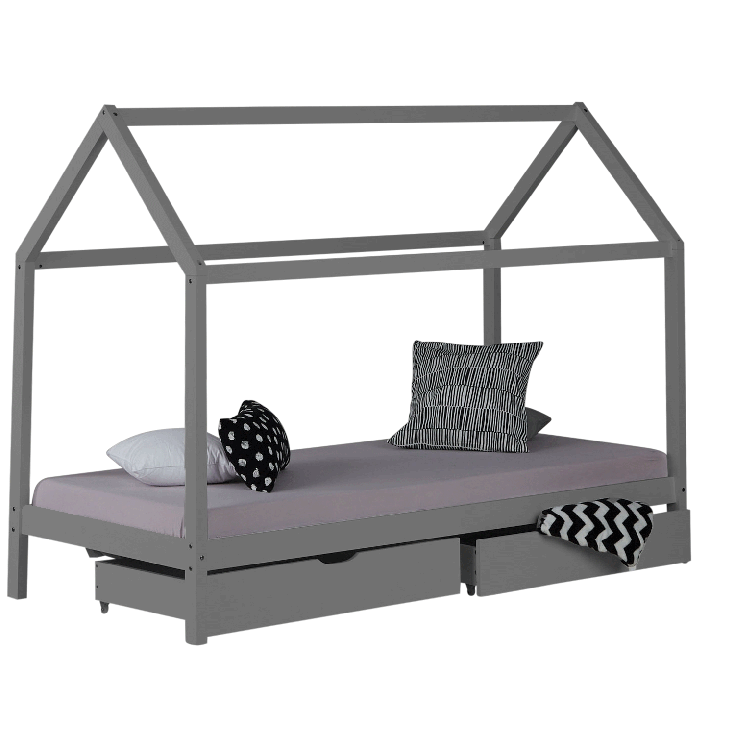 Cot Children's House White Grey Play Bed Wooden Bed 90 x 200 cm with Mattress Slatted Frame 