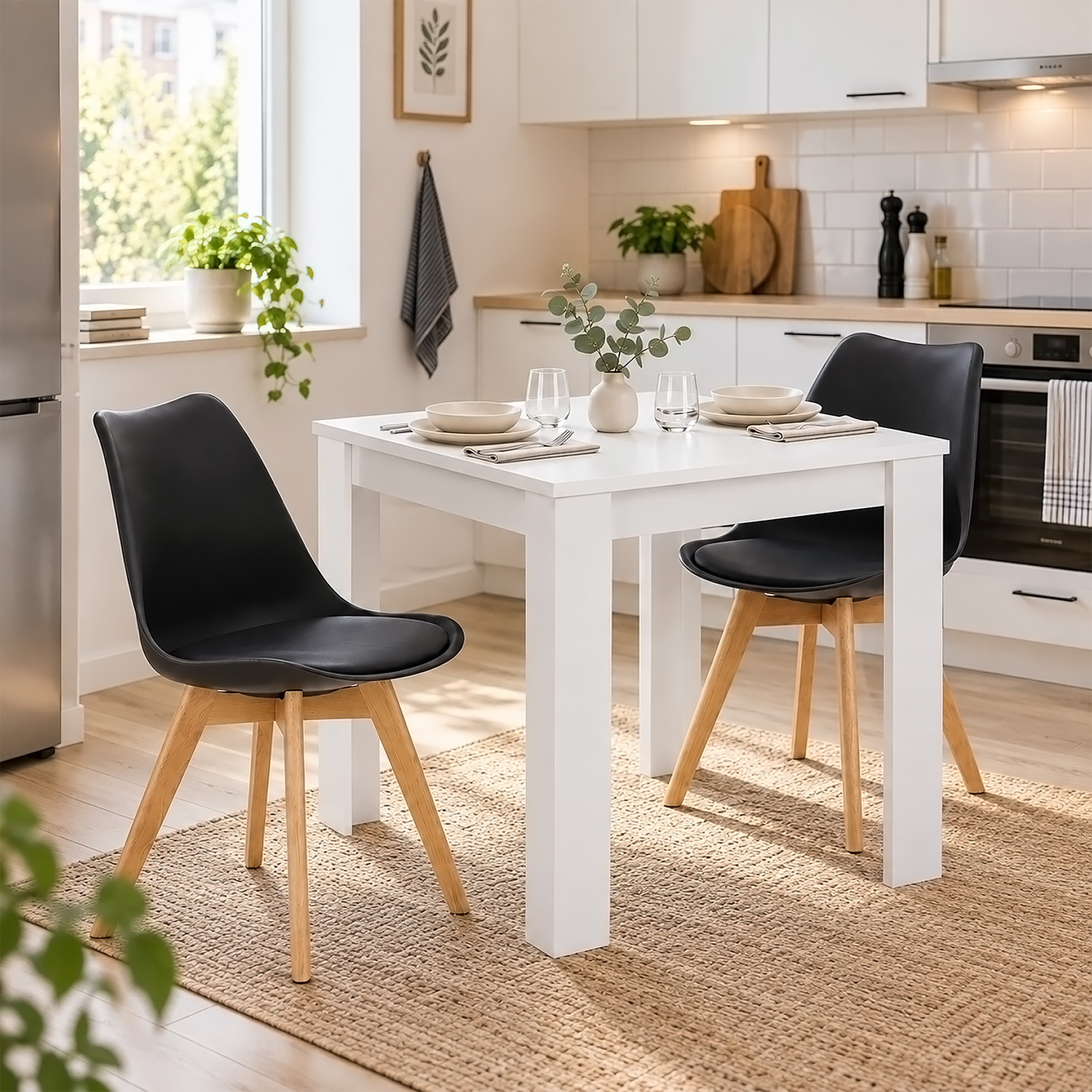 Dining Set (3-Piece): 80x80 cm white dining table with 2 black plastic chairs and wooden legs