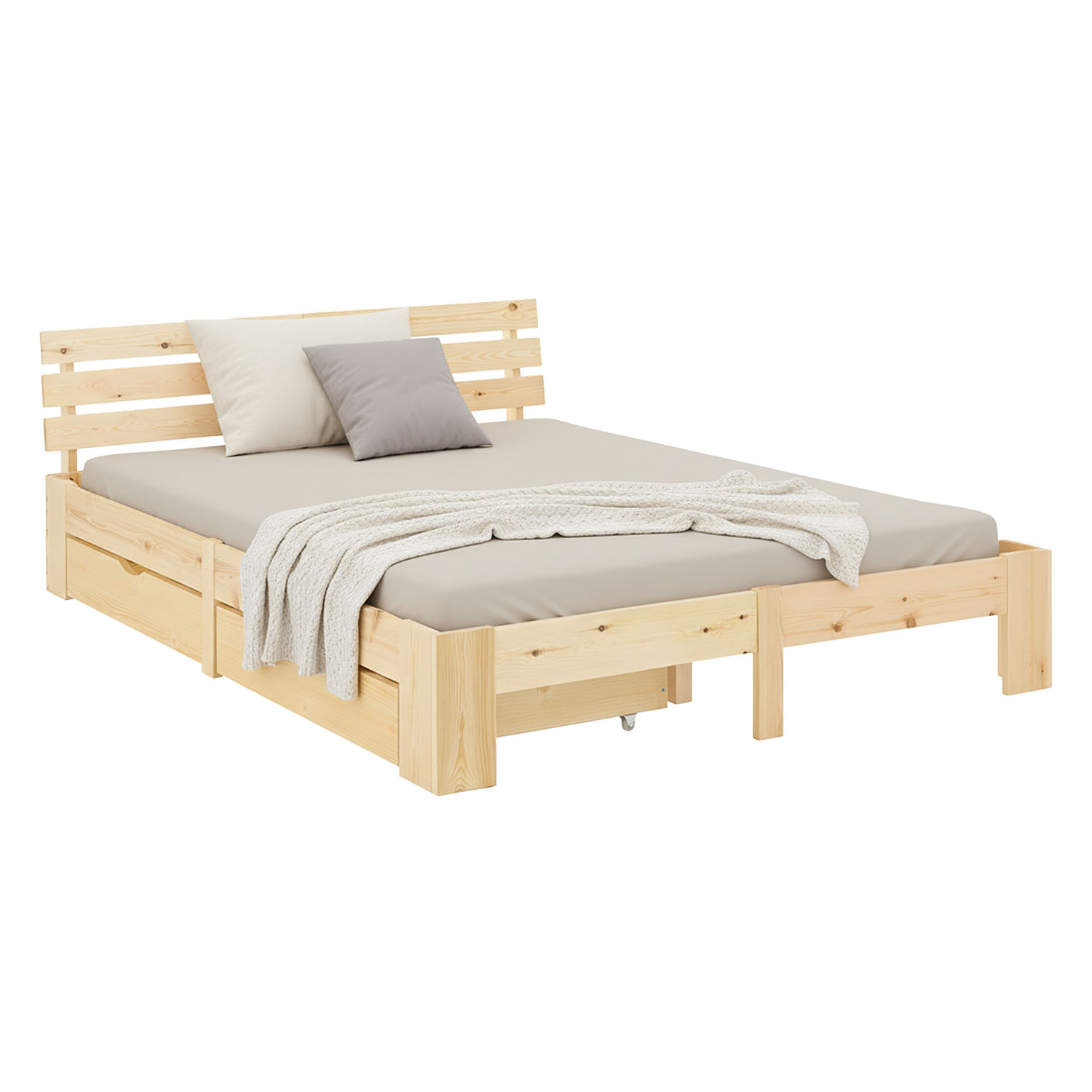 Wood Bed 160x200 cm Natural | Double Bed | with 2 Drawers | Solid | Kids Youth Guest Bedroom