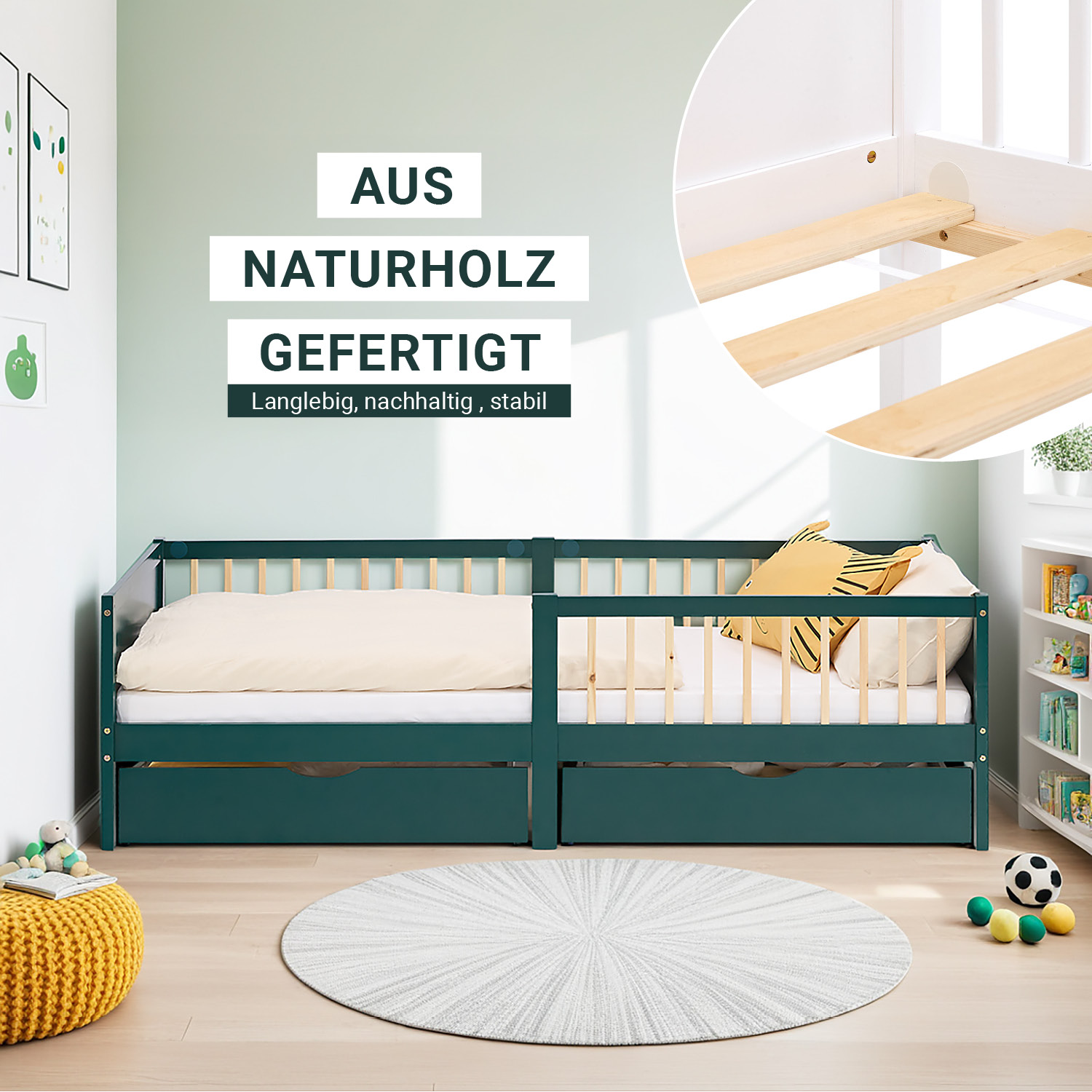 Children's Bed 90x200 cm Green | Wooden bed with 2 drawers | Single Bed | with Slatted Frame | Fall Protection