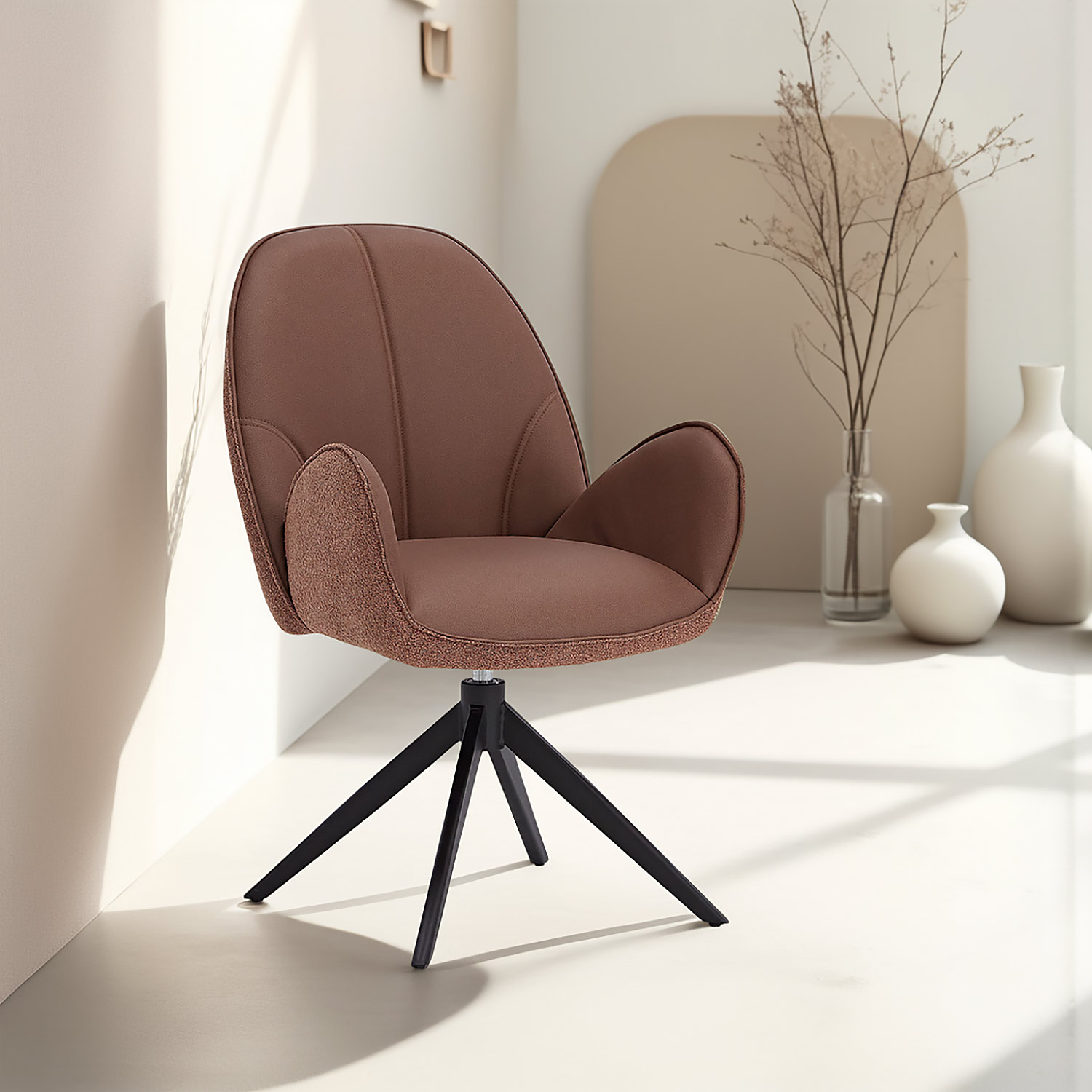 Dining Chair Set of 6 Modern Egg Chairs Bouclé Leather Brown Armchairs Dining Room Chairs Upholstered Chairs Eames Chairs