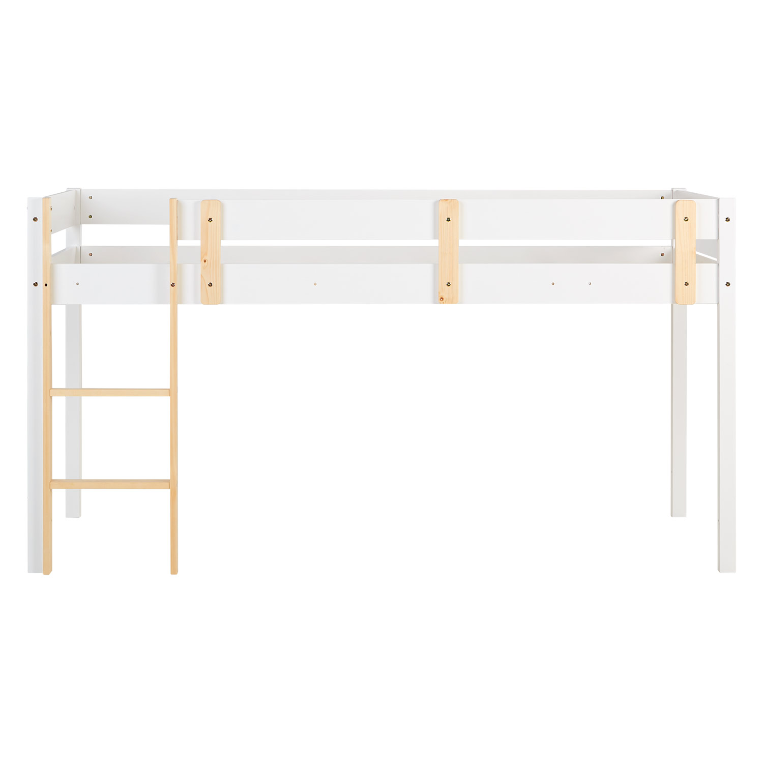 Loft Bed Kids 90x200 cm White | Ladder Natural | Fall Protection | with Slatted Frame