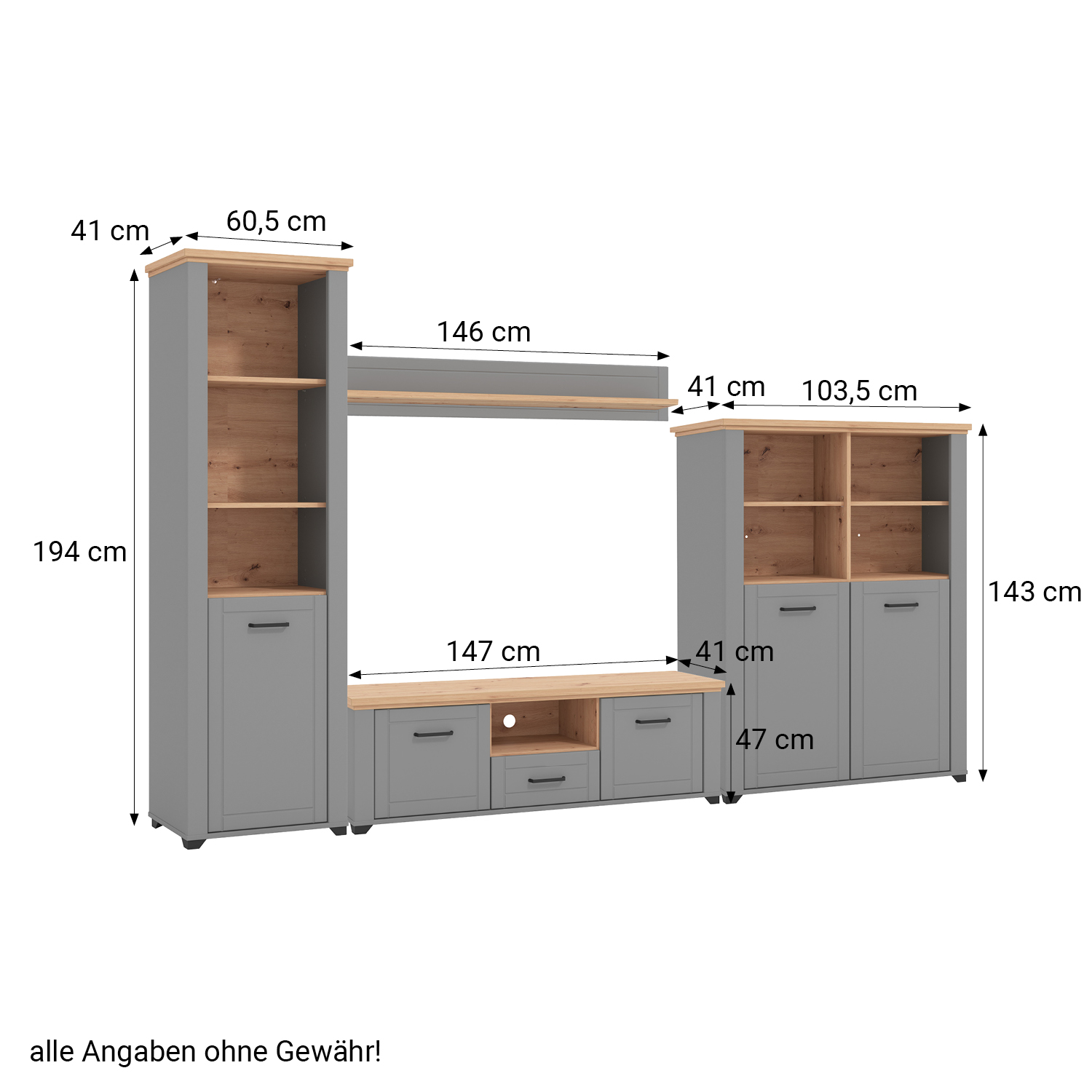Wohnwand Schrankwand Anbauwand Wohnzimmer-Set 4 tlg. Modern Grau Eiche Holz