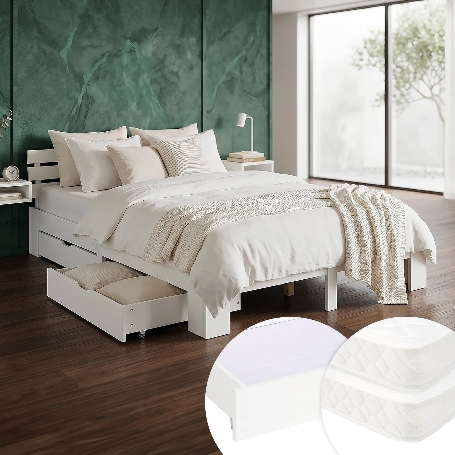 Wood Bed 180x200 cm White | Double Bed | with 2 Spring Mattress | 2 Drawers | Youth Guest Bedroom
