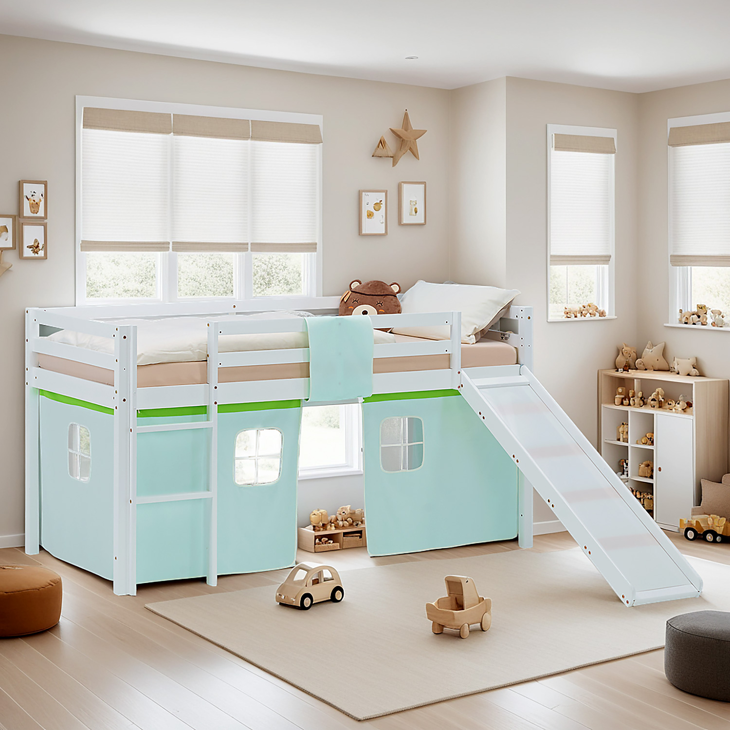Loft Bed for Kids 90x200 cm White with Curtain in Green | Slide | with Slatted Frame and Mattress