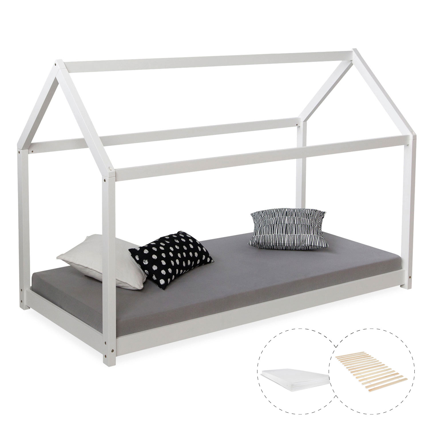 Cot Children's House White Grey Play Bed Wooden Bed 90 x 200 cm with Mattress Slatted Frame 