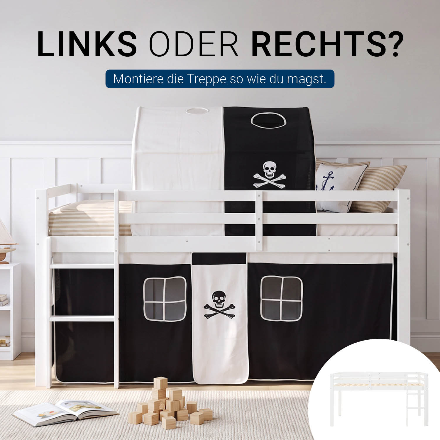 Children's loft bed, 90x200 cm, white with black curtain | Tunnel | Includes slatted base | Includes mattress