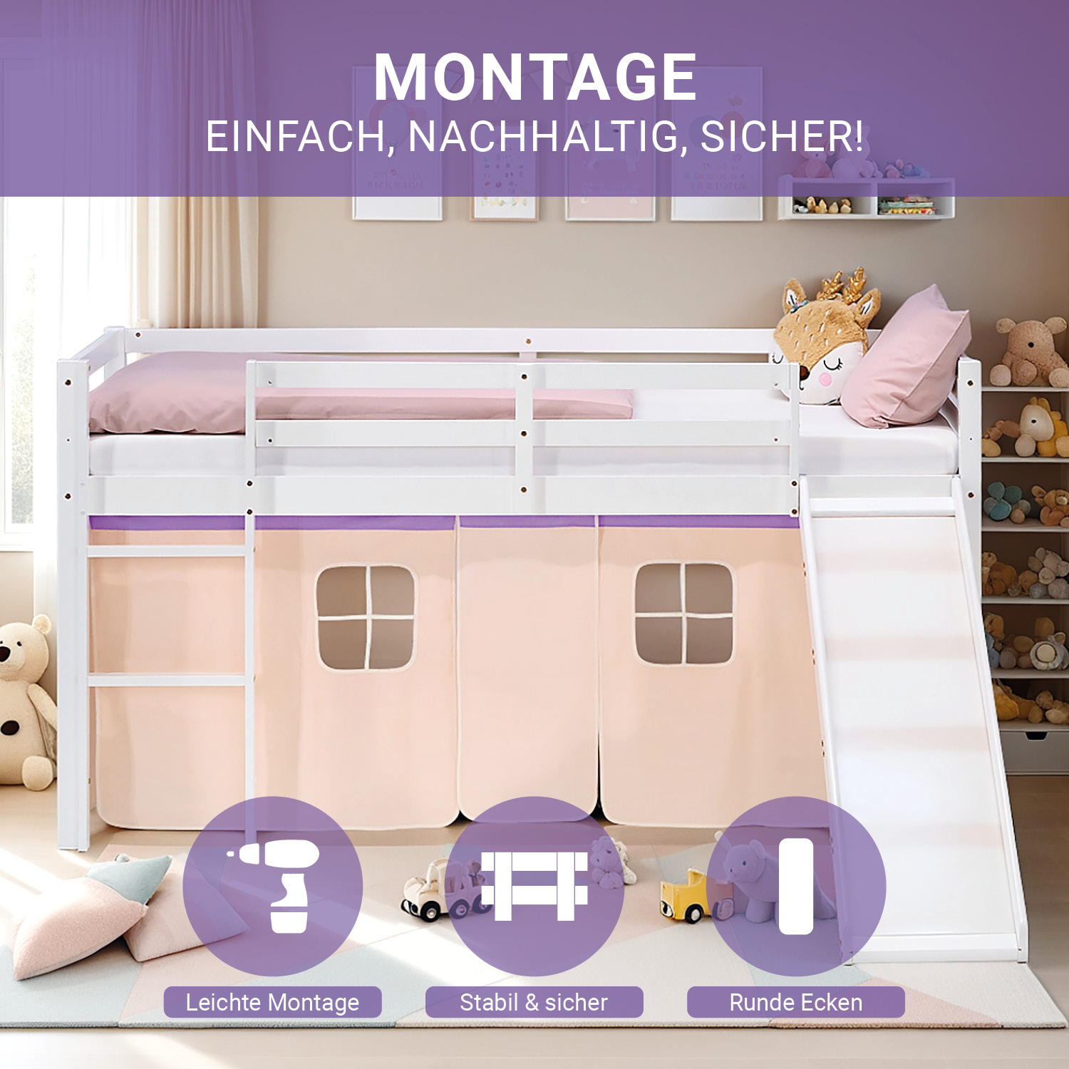 Loft Bed for Kids 90x200 cm White with Curtain in Lilac Beige | Slide | with Slatted Frame and Mattress