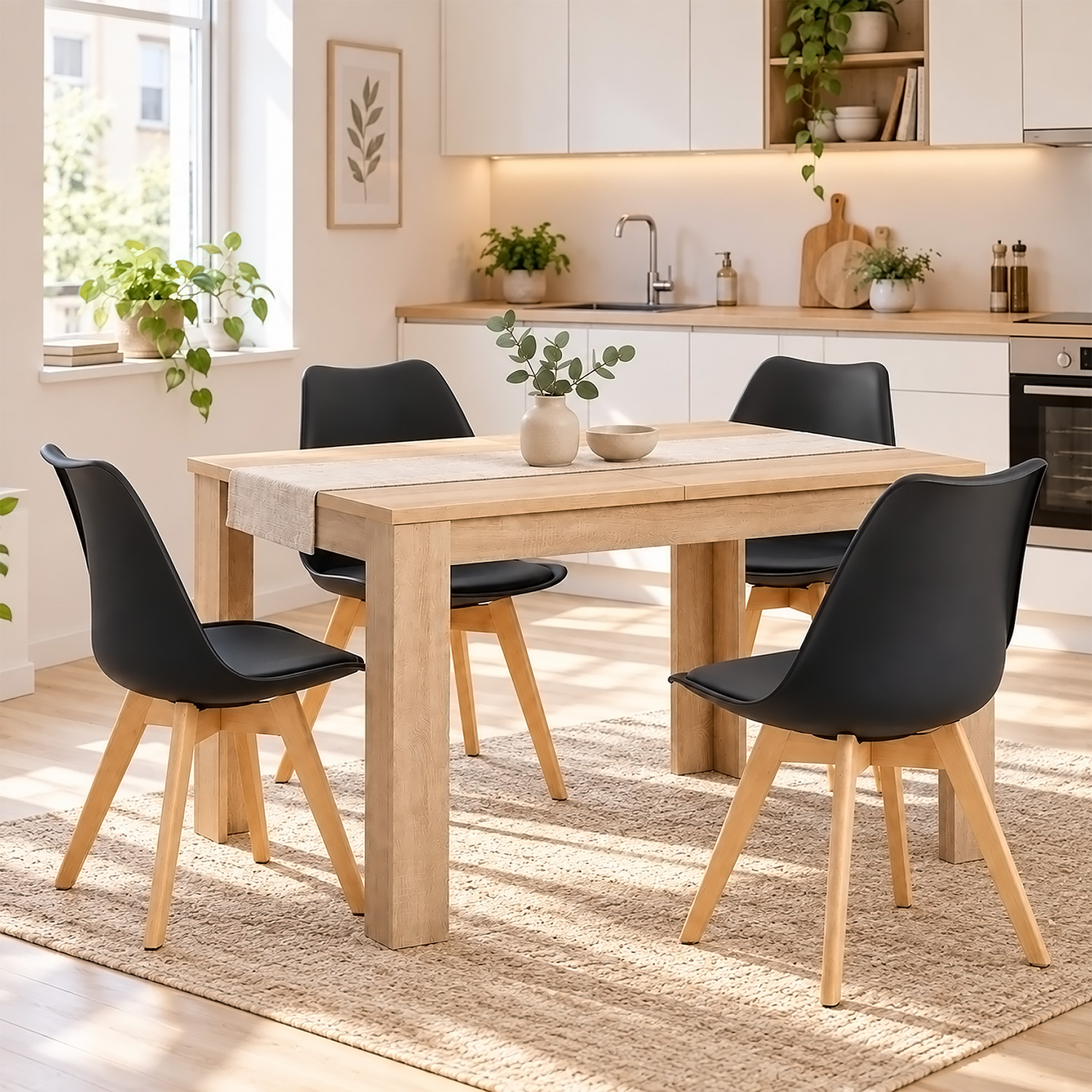 Dining Set (5-Piece): 120x80 cm oak extendable dining table with 4 black plastic chairs and wooden legs