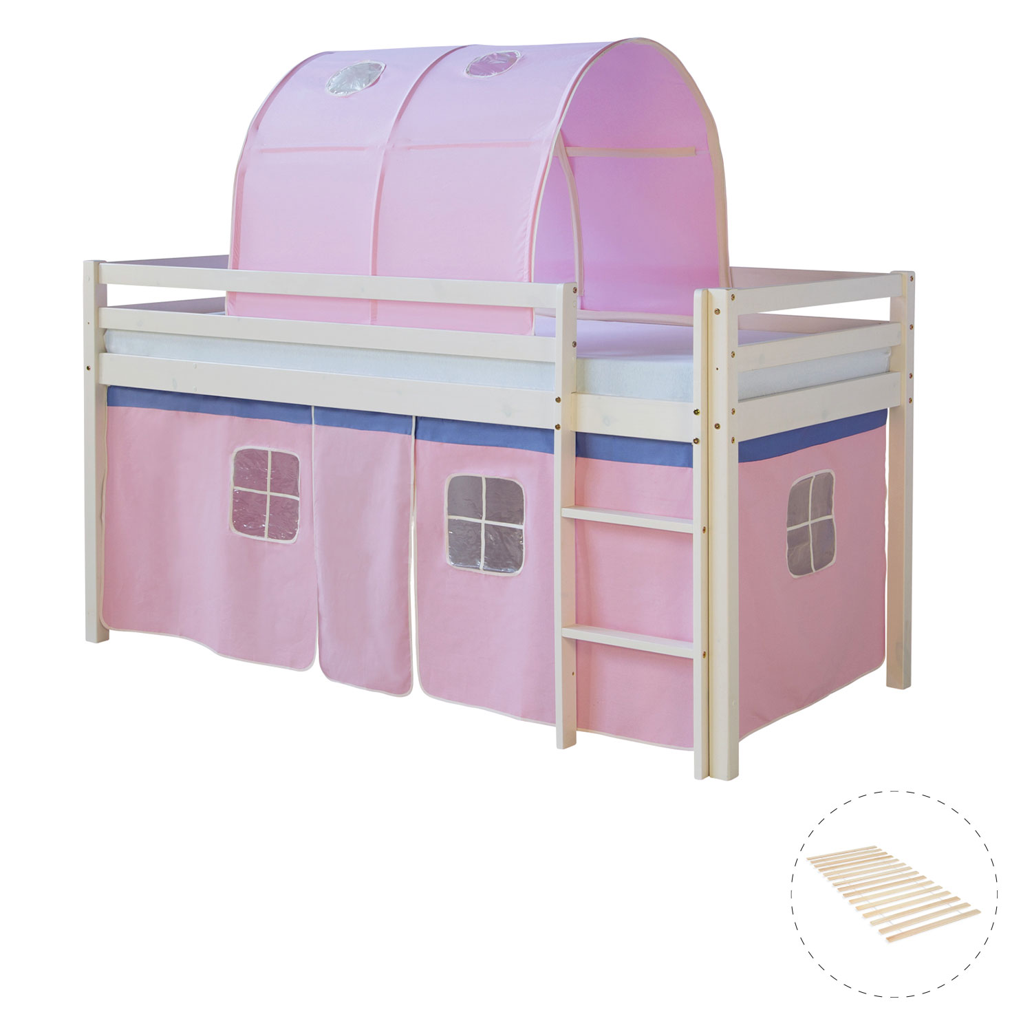 Loftbed 90x200 cm with Slats Bunk bed Childrens bed Tunnel Curtain Pink Solid Pine Wood