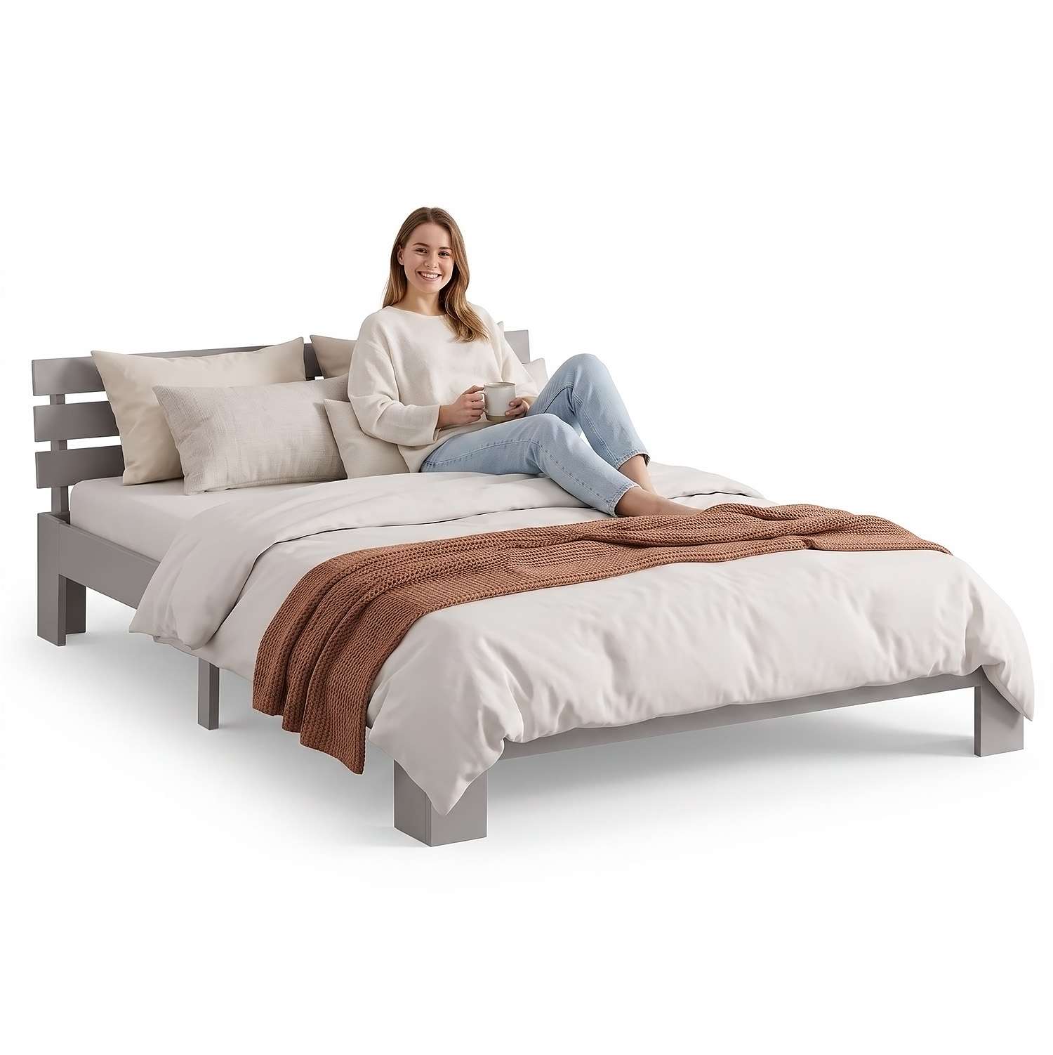 Wooden Bed 120x200 cm Gray – Solid Wood Double Bed with Slatted Base for Children's, Teenagers' & Guest Rooms