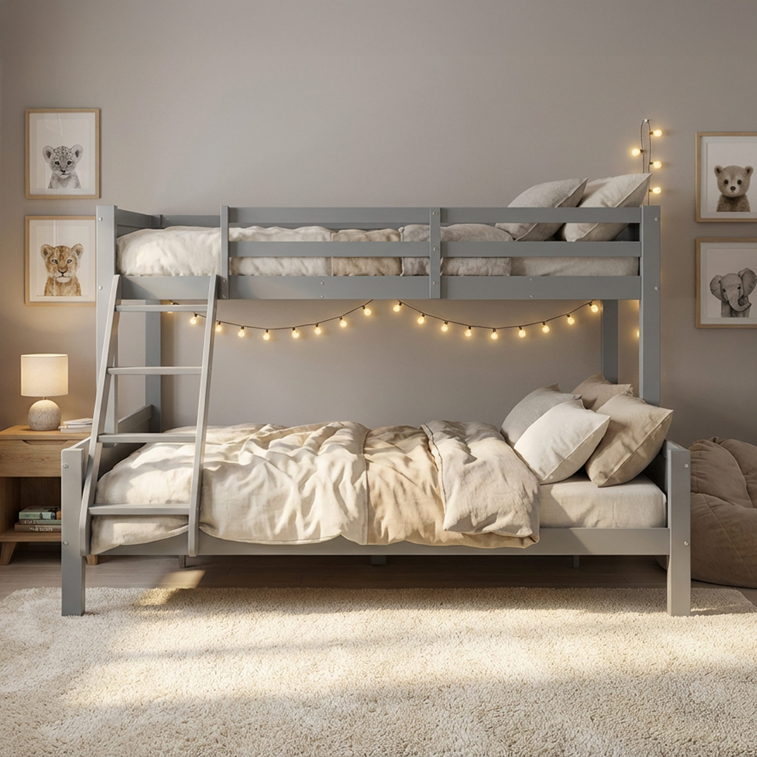 Bunk Bed with 2 Mattresses 90x200 and 140x200 cm Kids Bed Grey Wood Cabin Bed High Sleeper Bed Loft Bed Childrens Bed Twin Bed