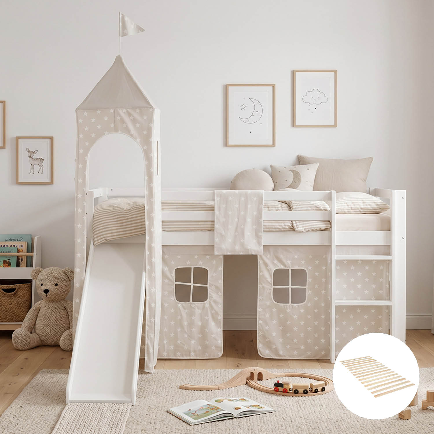 Children's Loft Bed 90x200 cm White with Star Curtain | Tower | Slide | Includes Slatted Base