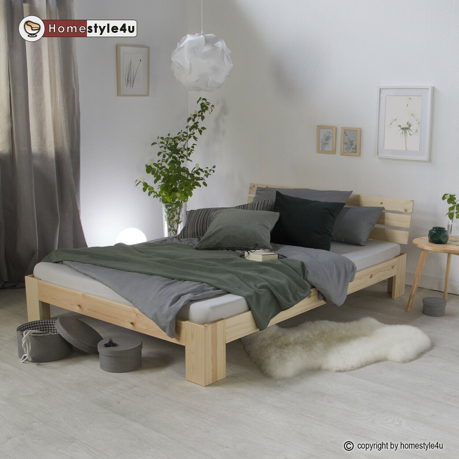 Wood Bed 180x200 cm Natural | Double Bed | with Slatted Frame | Solid | Kids Youth Guest Bedroom