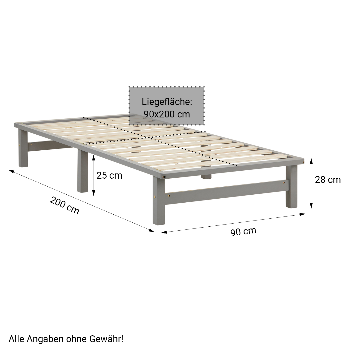 90x200 cm Gray Pallet Bed – Single Wooden Bed with Mattress & Slatted Base for Teen Rooms, Guest Rooms, and Bedrooms