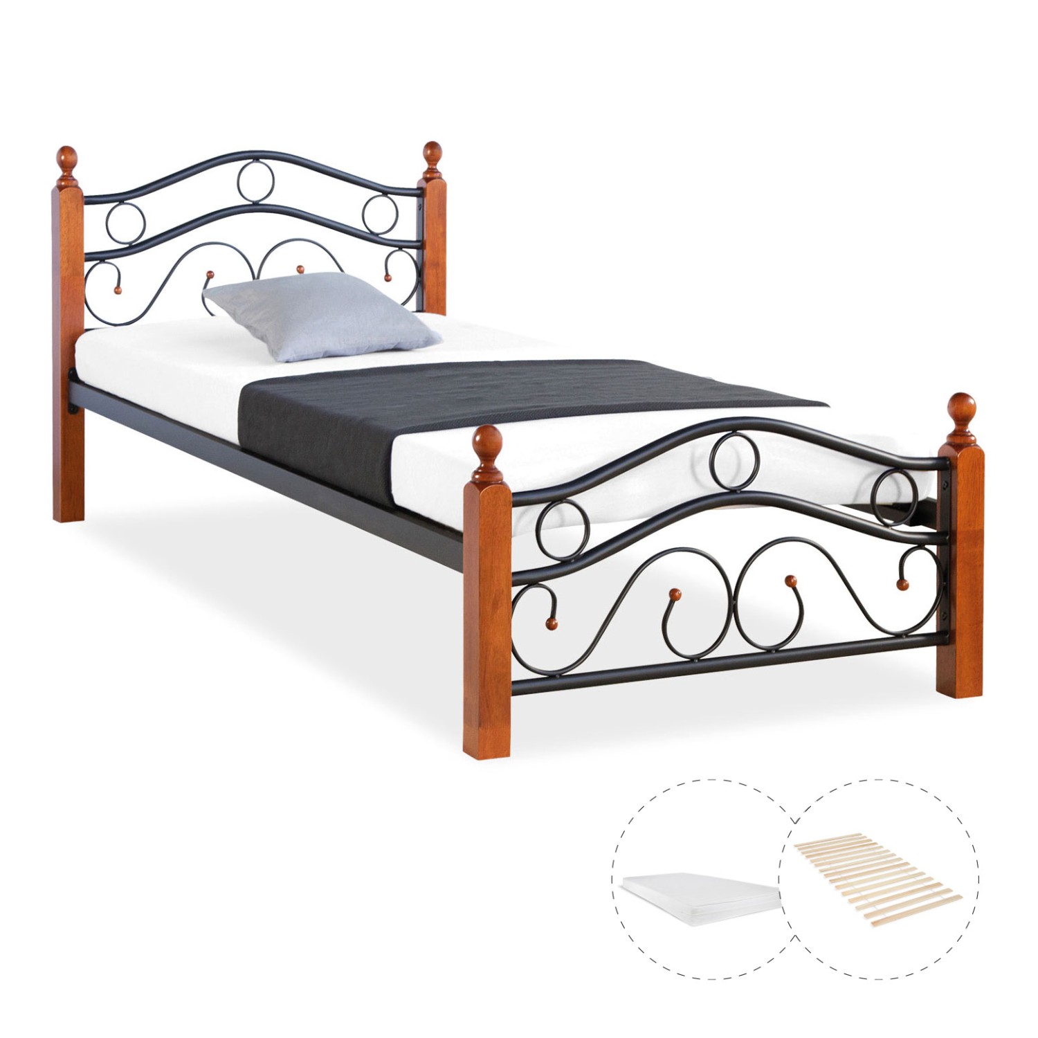 Metal Bed with Mattress Slatted Frame 90x200 cm Bedstead Black Brown Wood Single Daybed