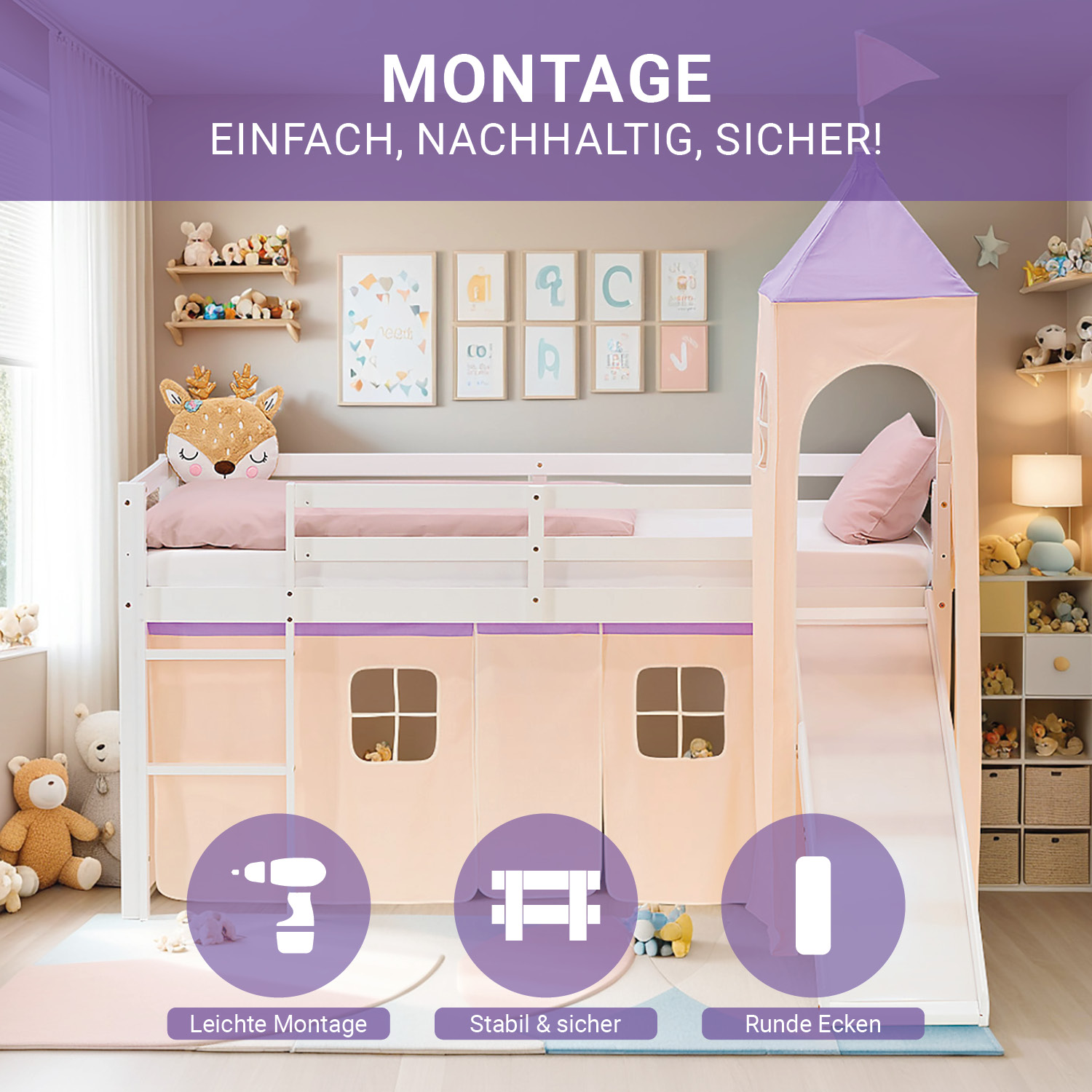 Loft Bed for Kids 90x200 cm White with Curtain in Lilac Beige | Slide | Tower | with Slatted Frame and Mattress