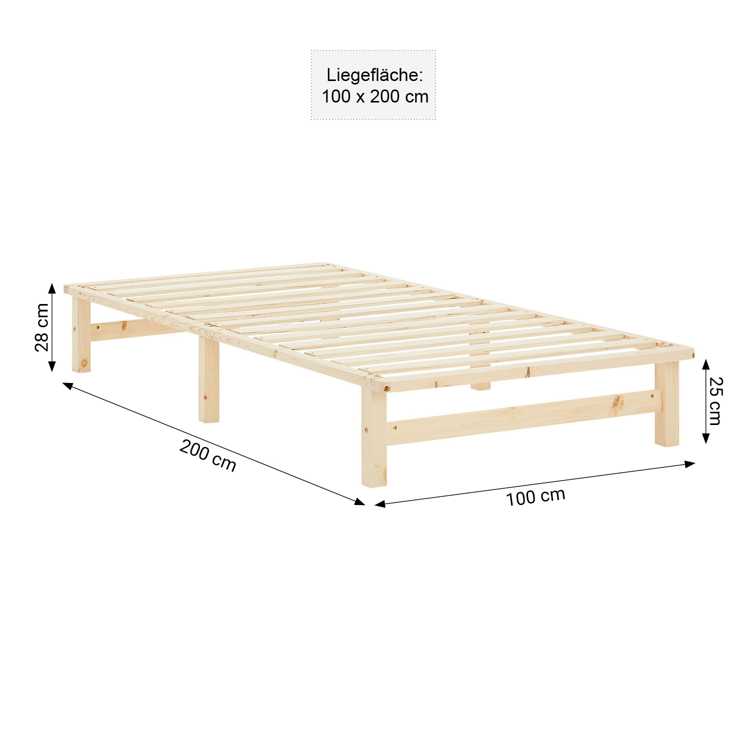 100x200 cm Natural Pallet Bed with Slatted Base – Solid Wood Single Bed for Teenagers', Guest, and Master Bedrooms