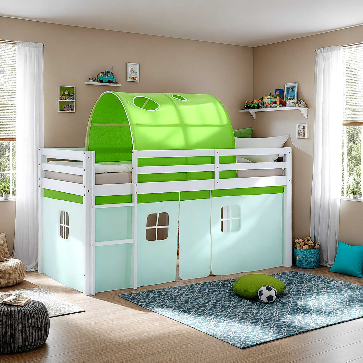 Hochbett Kinder 90x200 cm Kinderbett Kinderhochbett Stockbett Tunnel Vorhang Turm Grün Rutsche Holz Massiv Lattenrost Matratze