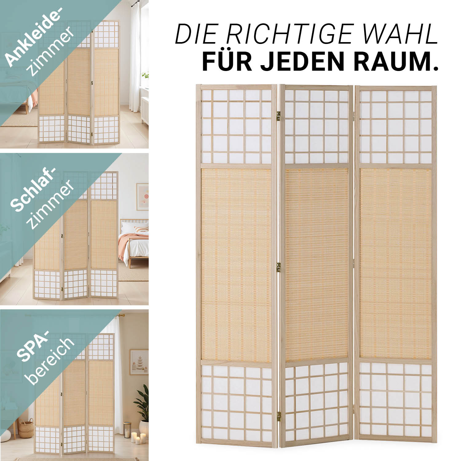 Paravent Natural Bamboo Slats | 3-panel | Wood | Shoji Room Divider | Partition Privacy Screen