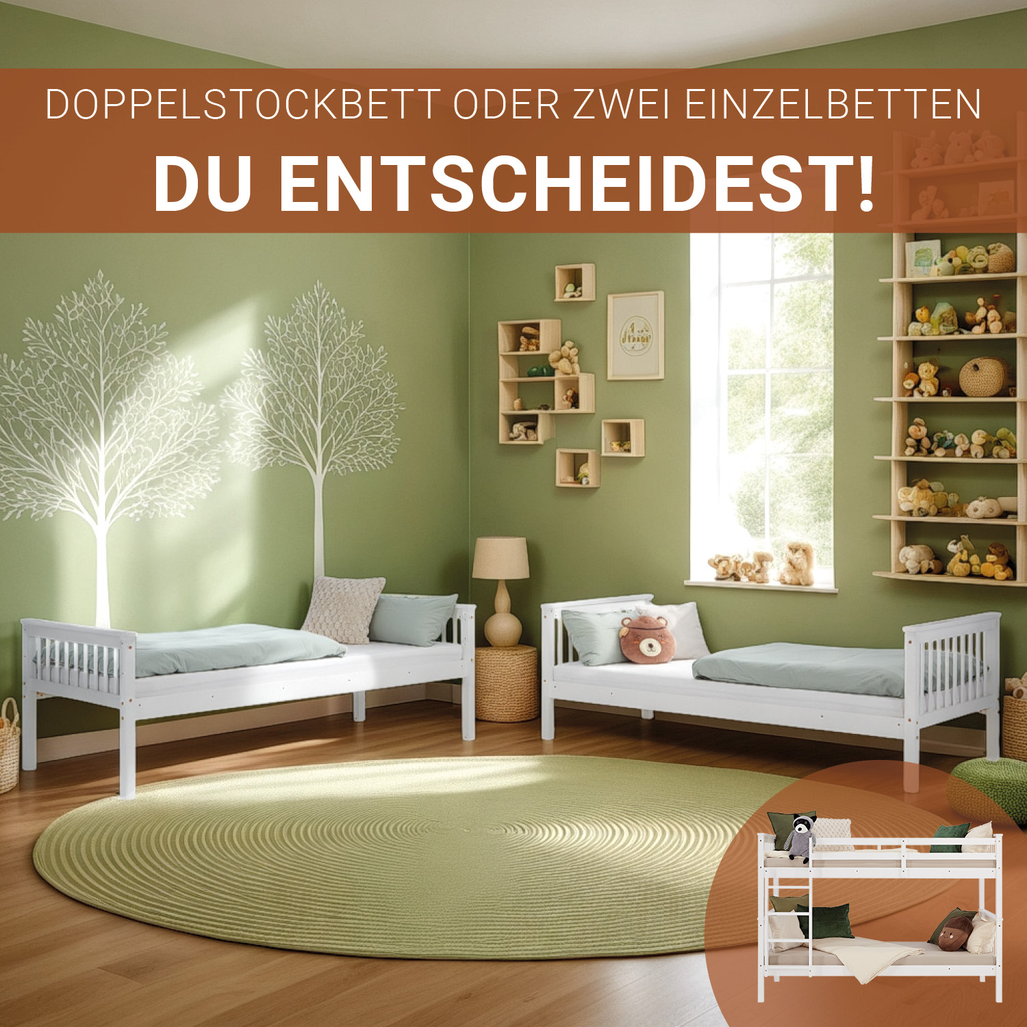 Bunk Bed 90x200 cm White | Kids Bed with Mattress | Fall Protection | Convertible | Massif pine wood