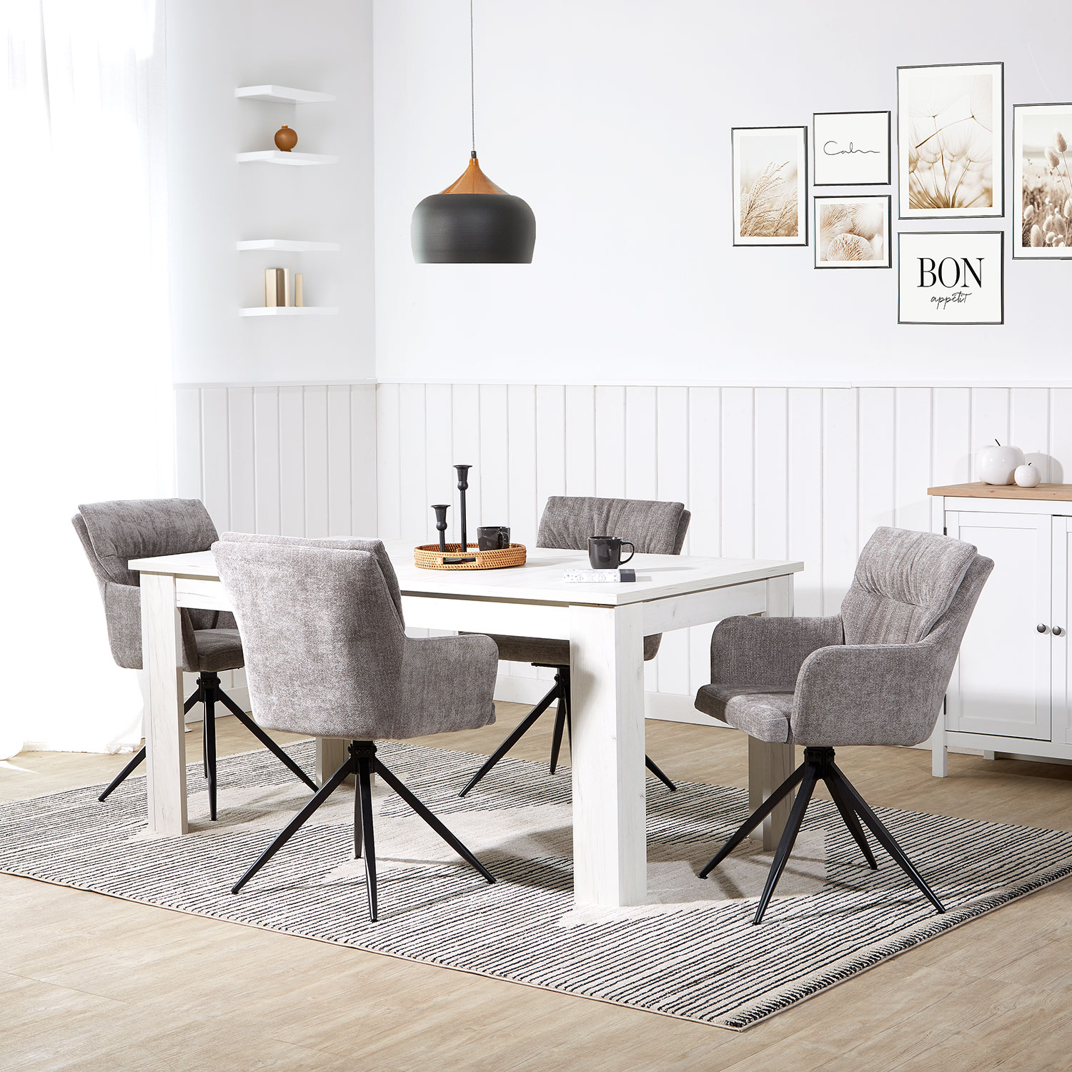 Upholstered Chair Linen Grey | Set of 4 | swivel | with Armrests | Kitchen Dining Room Office