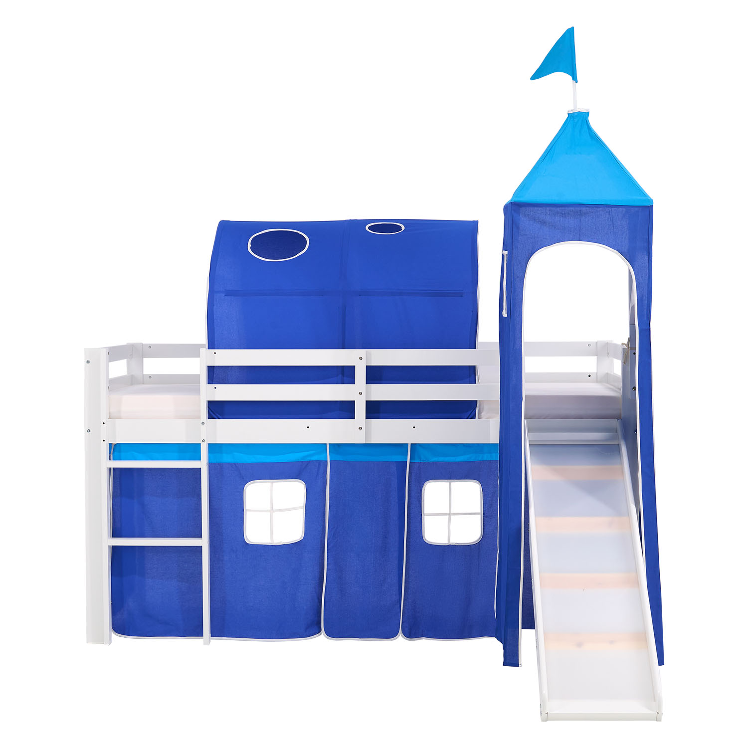 Children's Loft Bed 90x200 cm White with Blue Curtain | Tunnel | Tower | Slide | Without Slatted Base | For Boys